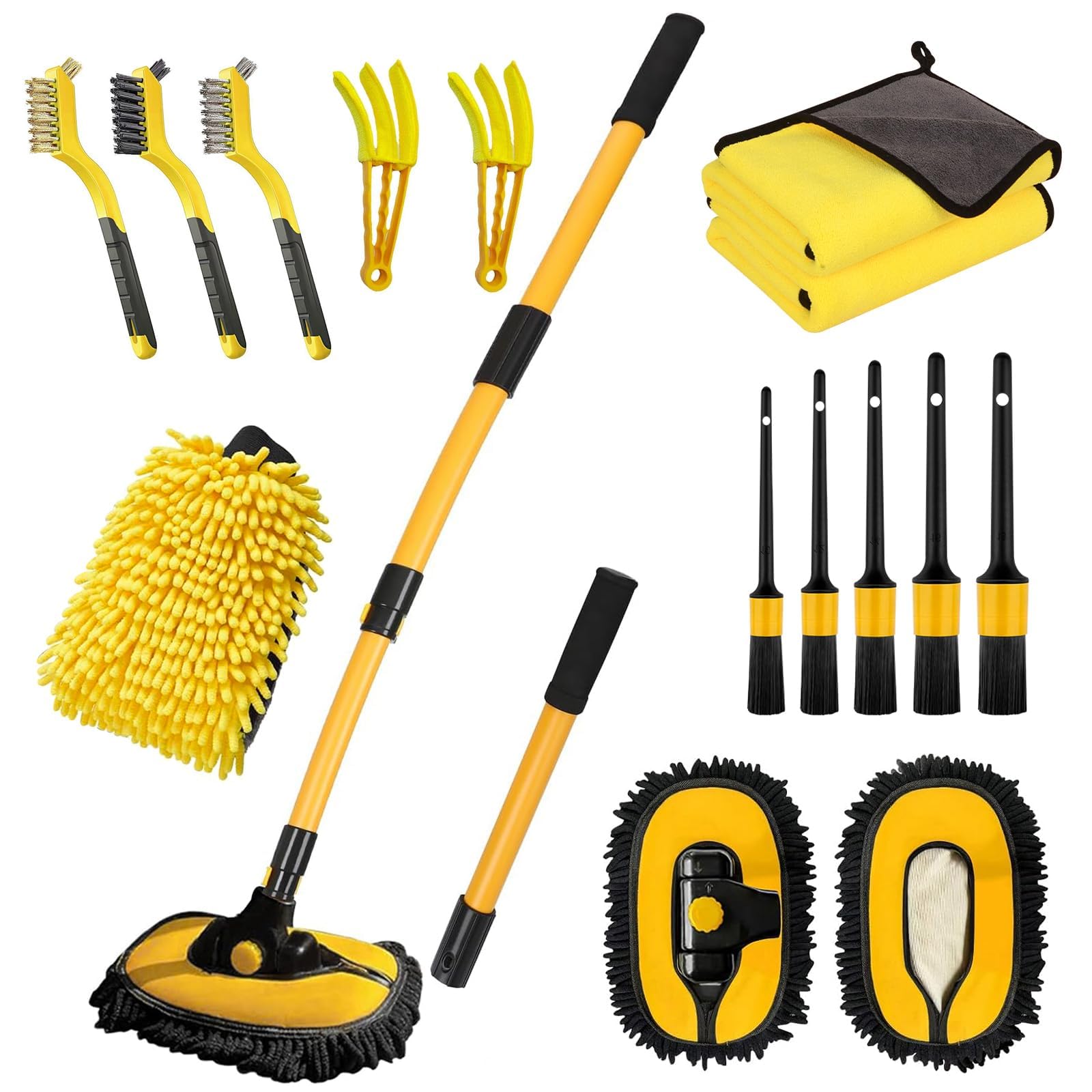 Car Wash Brush with Long Handle, 55 inch Car Wash Mop Car Wash Kit Mitt Retractable Bent Pole Car Wash Brush for Cars RV Truck B