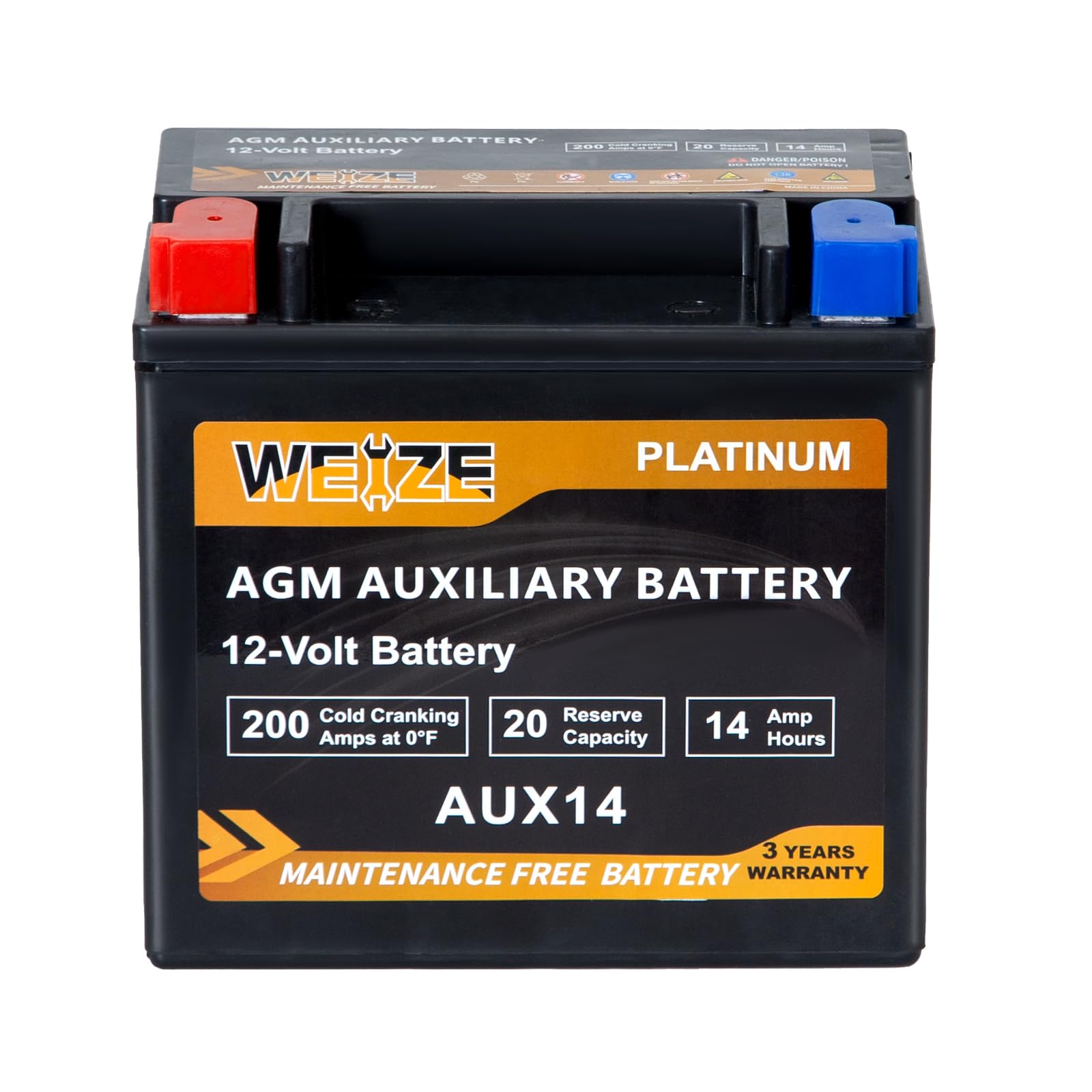 Weize Aux14 Agm Auxiliary Battery, 36 Months Warranty, 200Cca, Bci Group 400 Battery