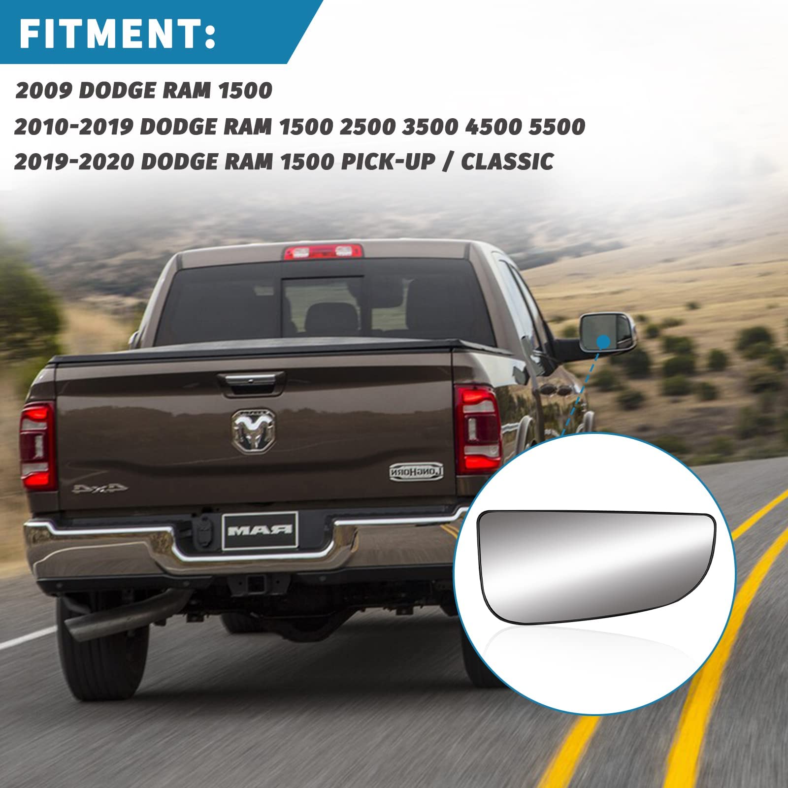 Passenger Side Lower Mirror Glass Compatible with 2009-2020 Dodge Ram 1500 2500 3500 4500 5500 Towing Mirrors - Right Side View Pass Convex Mirror w/Backing Plate Replace# 68067730AA