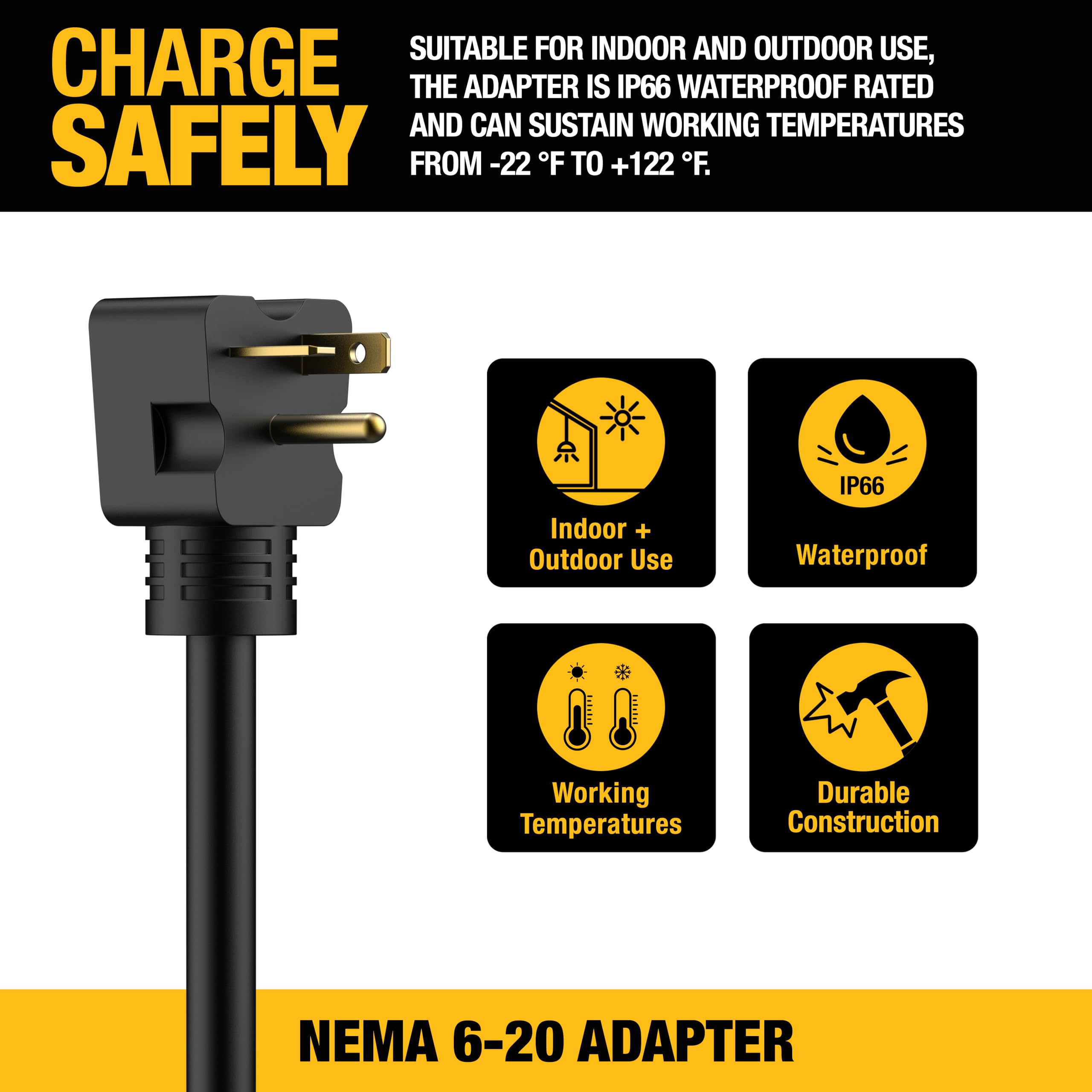 DEWALT NEMA 6-20 Adapter, 16A/240V, Compatible 32 Amp Portable EV Charger, High Power Connector, Easy to Connect, No Tools Requi