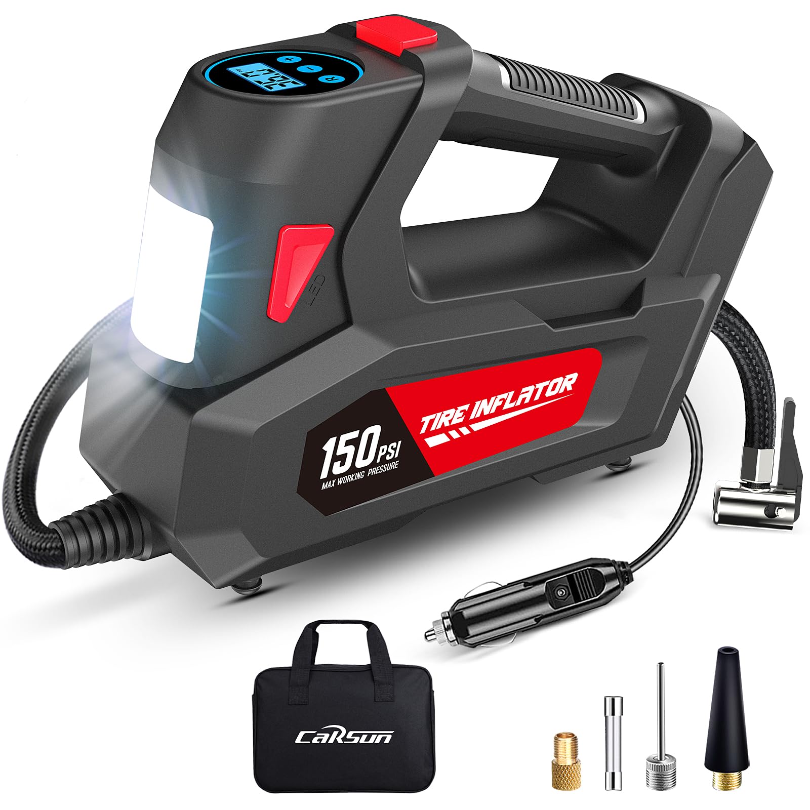 Air Compressor Tire Inflator Portable Air Pump For Car Tires Dc 12V Auto Tire Pump With Digital Pressure Gauge,150Psi With Emergency Led Light For Car, Motorcycle, Bicycle And Other Inflatables