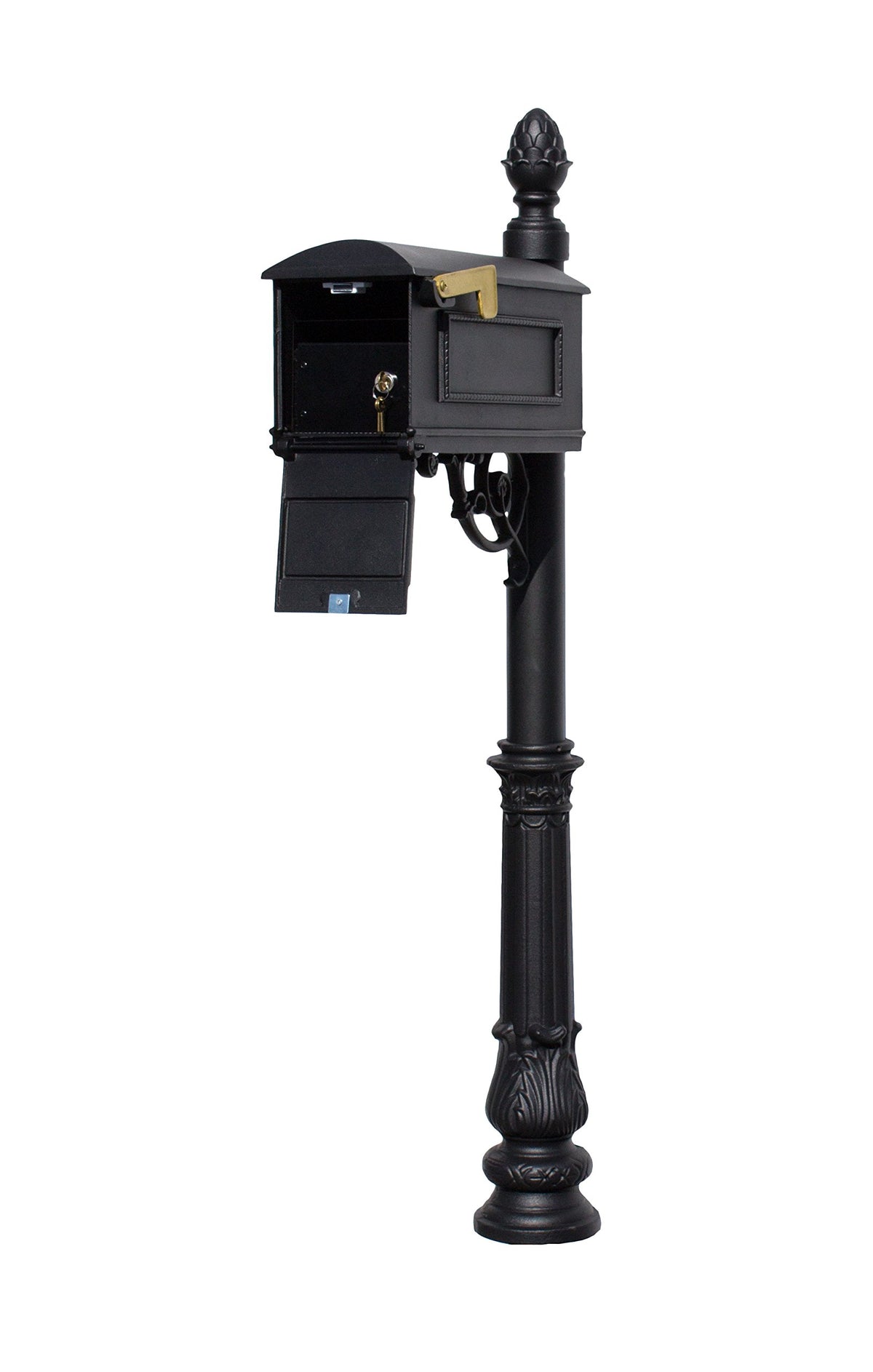 Qualarc LML-703-BL Lewiston Rust Free Cast Aluminum Locking Mailbox System with Post, Decorative Pineapple Finial & Ornate Base, Black
