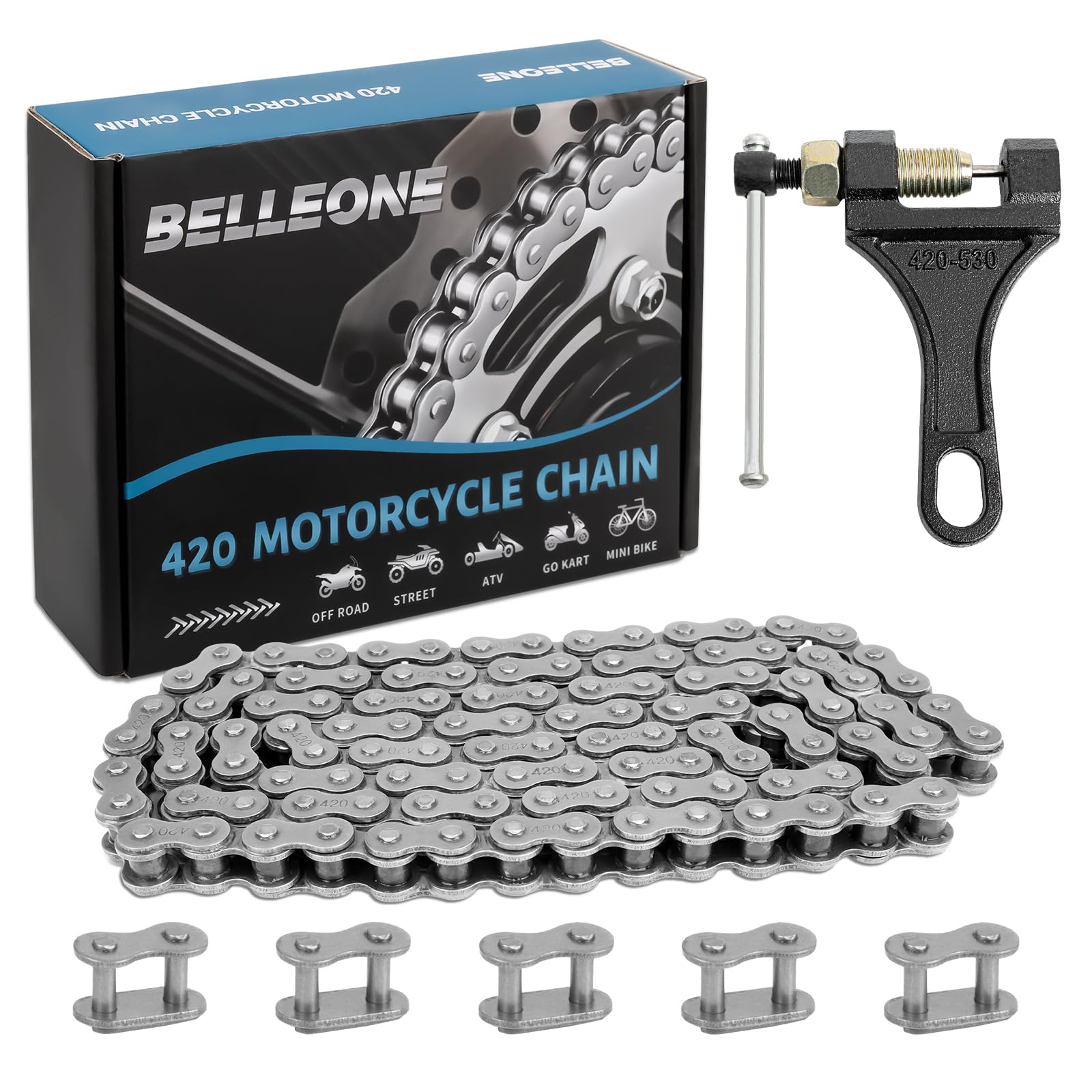 Belleone 420 Dirt Bike Chain 110 Link With Chain Breaker, Motorcycle Drive Chain For 125Cc Mini Bike Atv Pit Bike Go Kart, Heavy