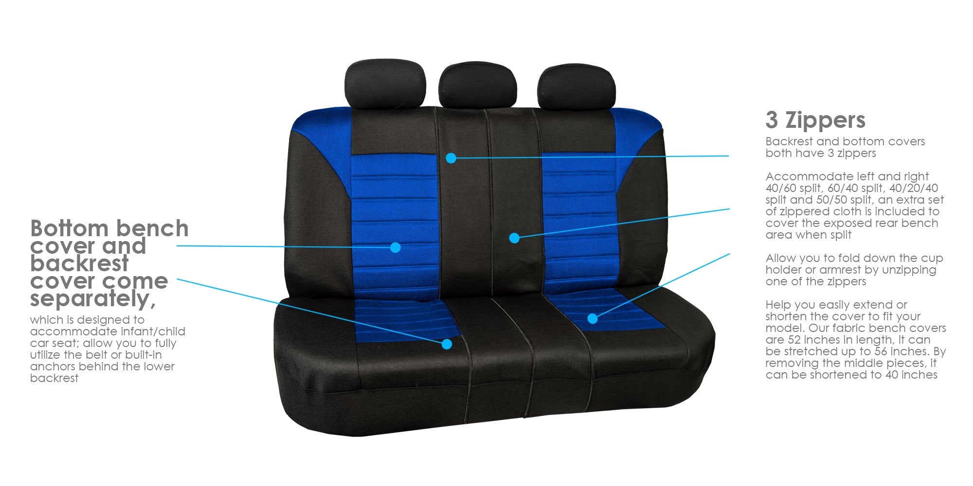 Fh Group Automotive Car Seat Covers Full Set Premium 3D Air Mesh Blue And Black Seat Covers, Airbag Compatible And Split Bench C