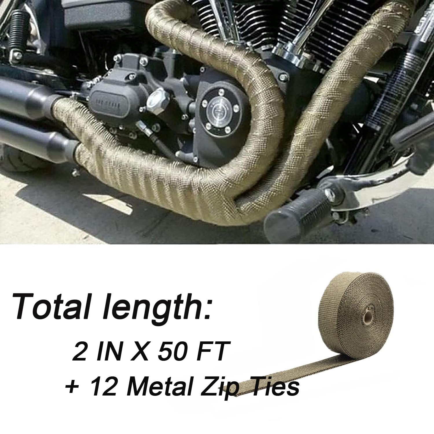 Deecam Exhaust Wrap, 2'' x 50 ft Motorcycle Header Heat Wrap, Titanium Exhaust Heat Shield Tape for Exhaust Pipe with 12 Stainle