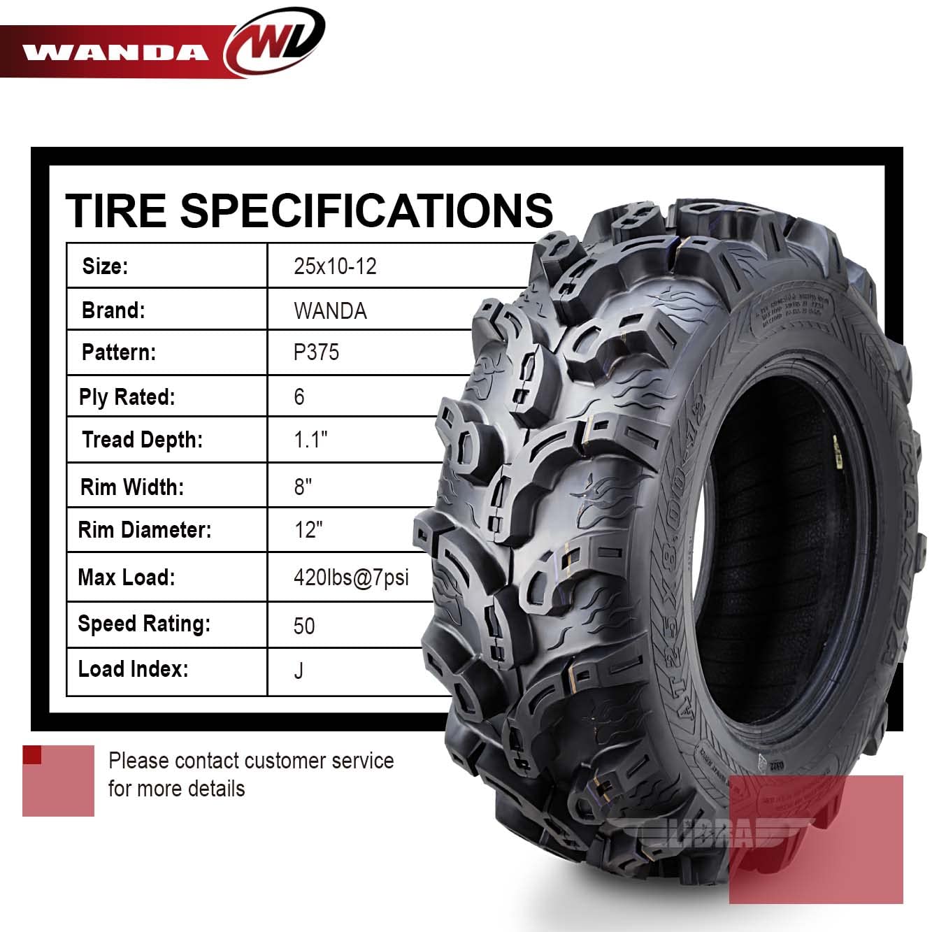 Wanda Set Of 4 New Premium Atv Tires 25X10-12 6Pr Super Lug Mud