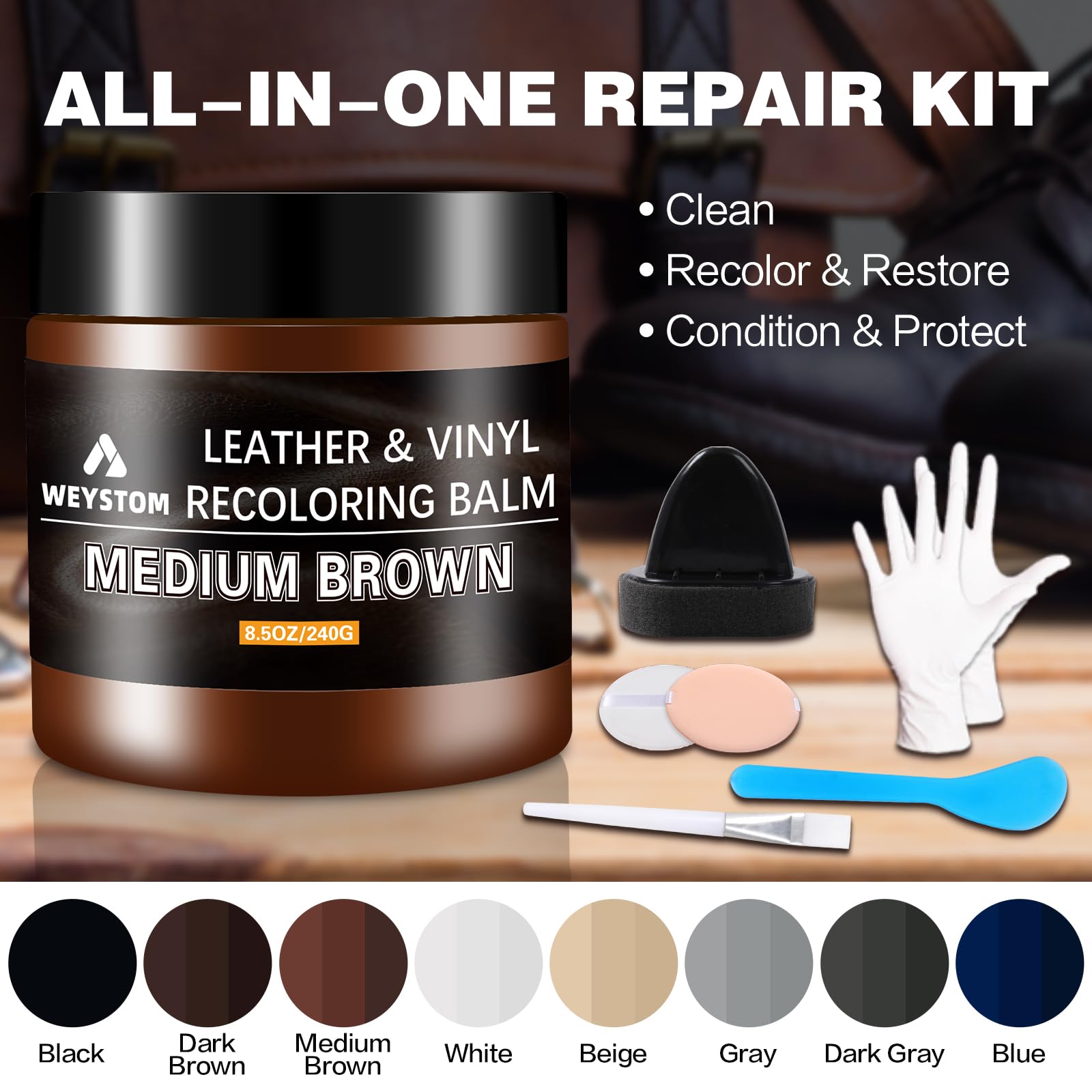 WEYSTOM Leather Recoloring Balm - Medium Brown Leather Repair Kit for Furniture, Dye, Recolor, Renew, Repair & Restore Aged, Fad