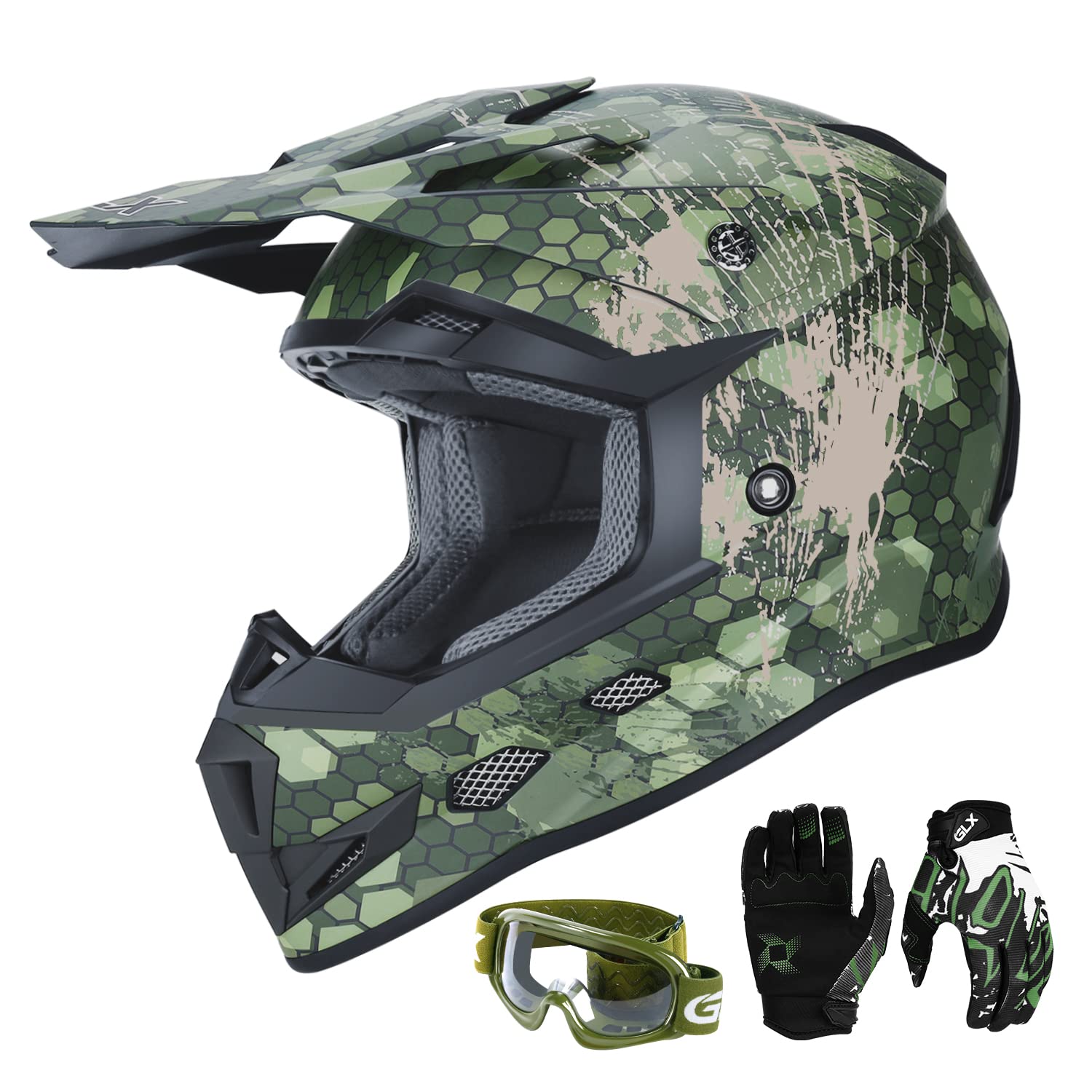 Glx Gx623 Youth Atv/Dirt Bike Helmet Combo - Camo, Large - Dot