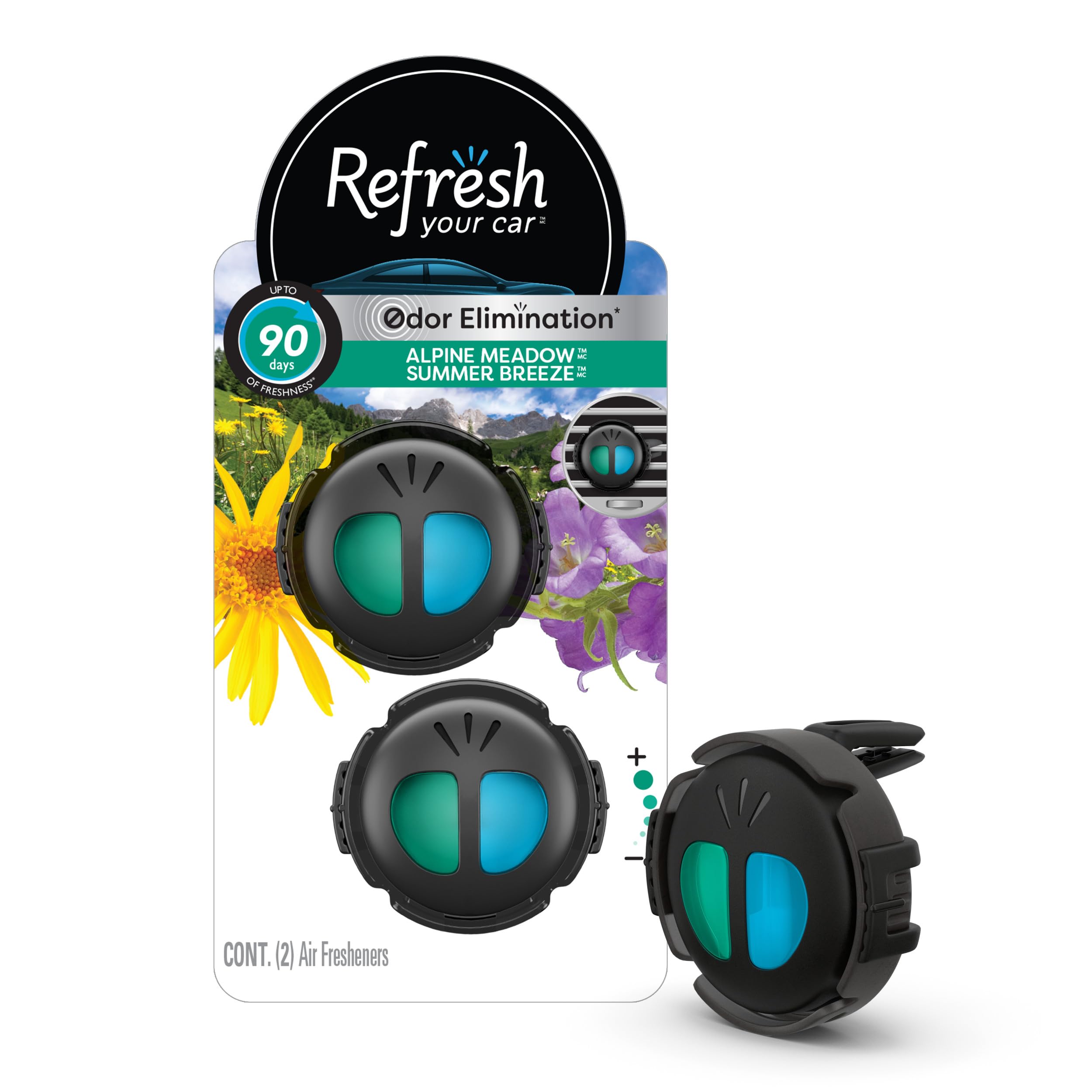 Refresh Your Car Mini Diffuser Car Air Fresheners, Alpine Meadows / Summer Breeze Scent, 2 Pack