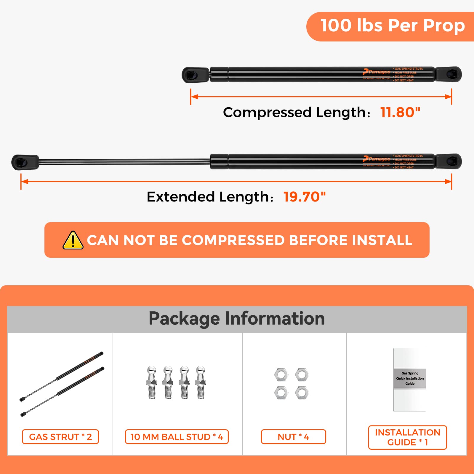 Pamagoo C16-08054 C1608054 20 Inch Gas Strut 100 Lb 445 N Per Prop, Gas Spring Shock Lift For Heavy Duty Rv Bed Floor Hatch Basement Door Shed Window(Qty 2 Fit 165-195 Lbs Weights)