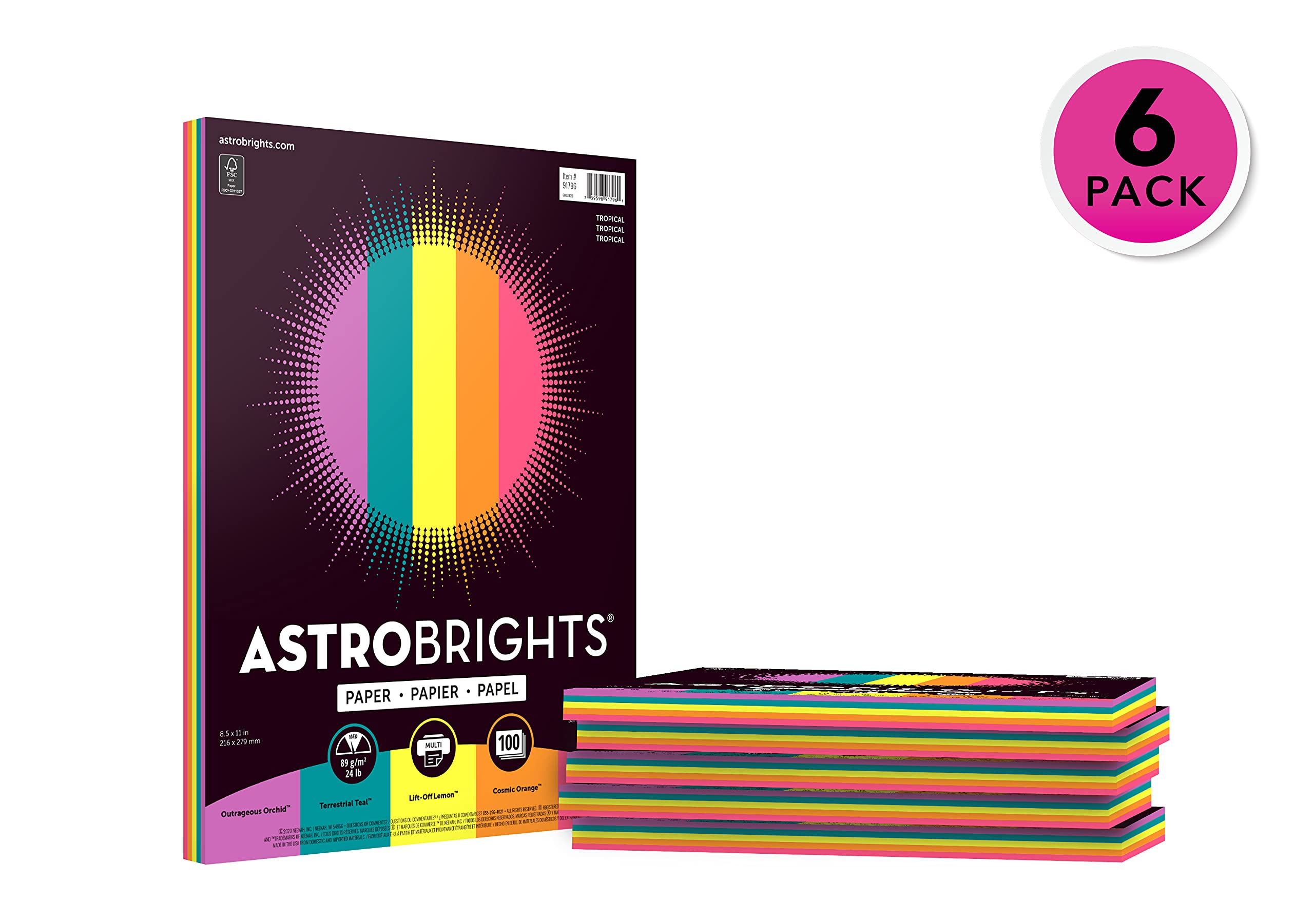 Astrobrights Colored Paper, 8.5'' X 11'', 24 Lb/89 Gsm, ''Tropical'' 5-Color Assortment, 100 Count (Pack Of 6) - 600 Sheets In T