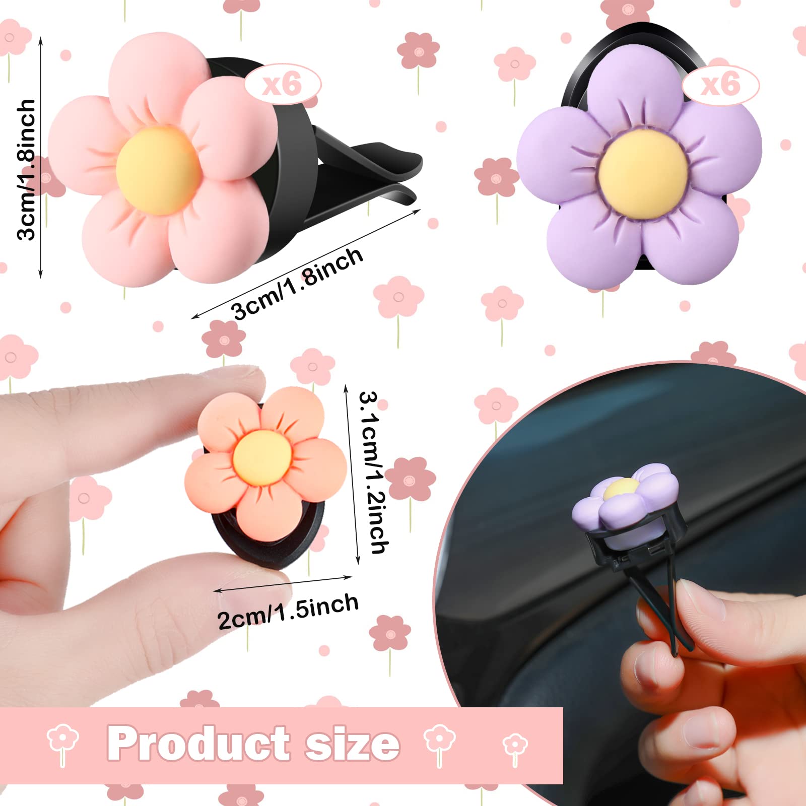 Tallew 12 Pcs Daisy Air Vent Clips Hook, Cute Flower Car Fresheners Charms Diffuser Clip Adhesive Hook Boho Accessories Interior Decor For Girls Women, Blue,Green,Orange,Pink,Purple