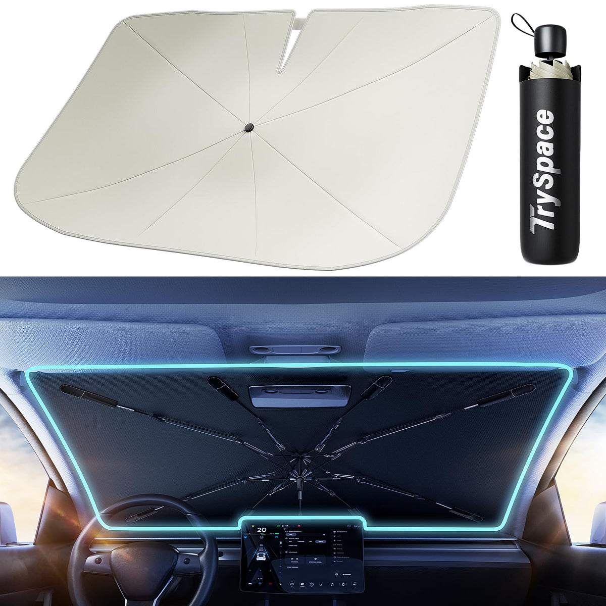 Tryspace Car Windshield Sun Shade Umbrella - [Nanoparticles Coatings] Protect Car From Sun Rays & Heat Damage Keep Cool And Prot