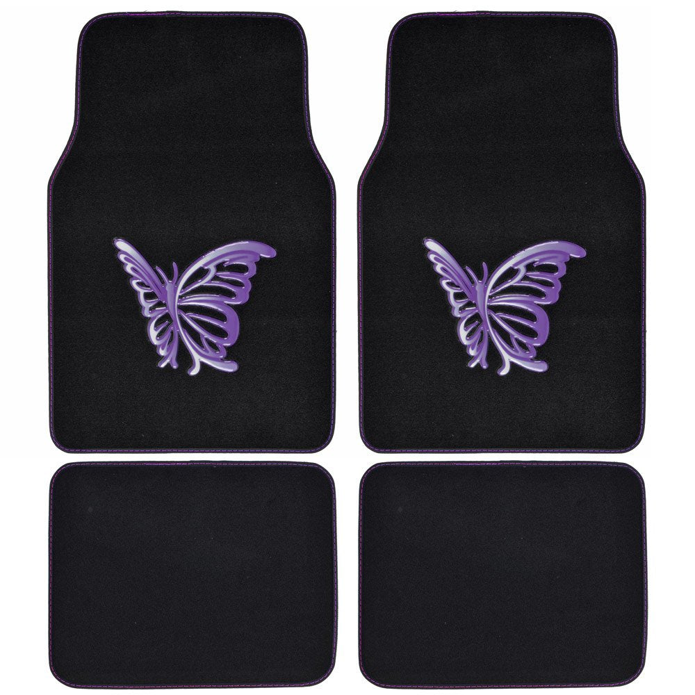 BDK Purple White Butterfly Design Carpet Car Floor Mats for Auto Van Truck SUV-4 Pieces Front & Rear Full Set with Rubber Backin