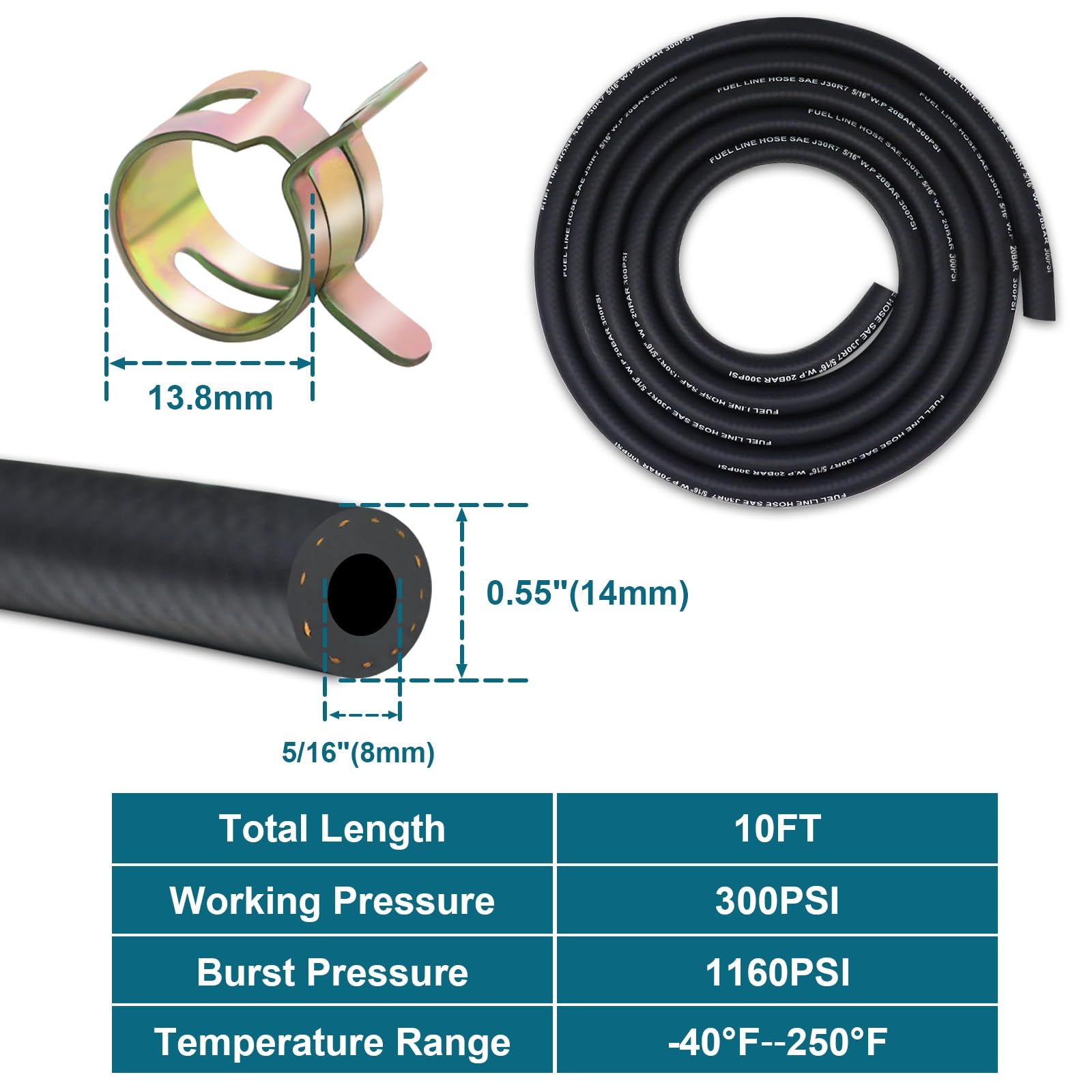 VWTNI 5/16 Fuel line, Fuel Line Hose 10 Feet, NBR Rubber Gasoline Tube with 20 PCS Fuel Line Clamps, Fuel Line Kit