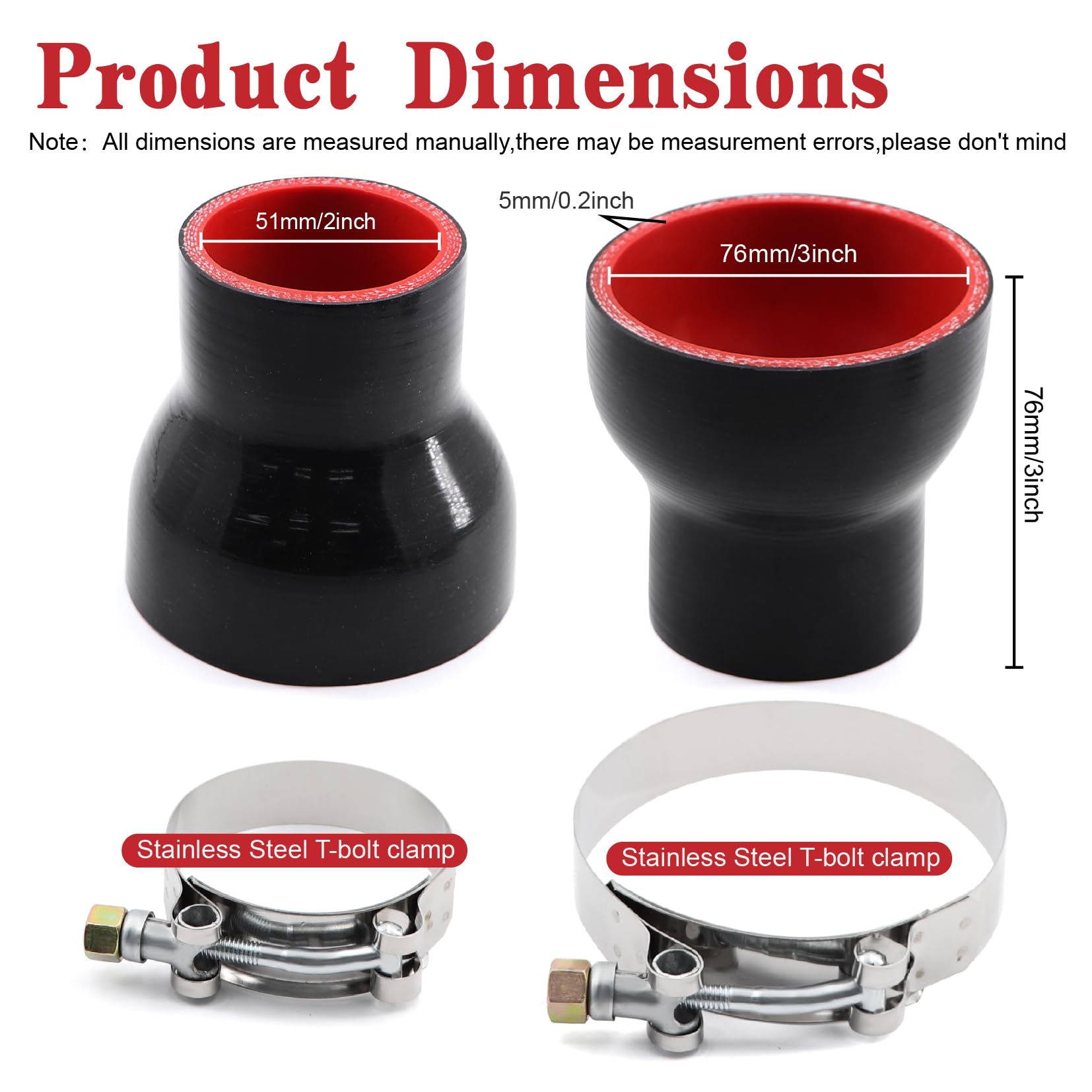 Taukealugs Straight Reducer Coupler Silicone Hose ID 2-inch to 3-inch 4-Ply with Stainless Steel T-Bolt Clamp for Turbo/Intercoo