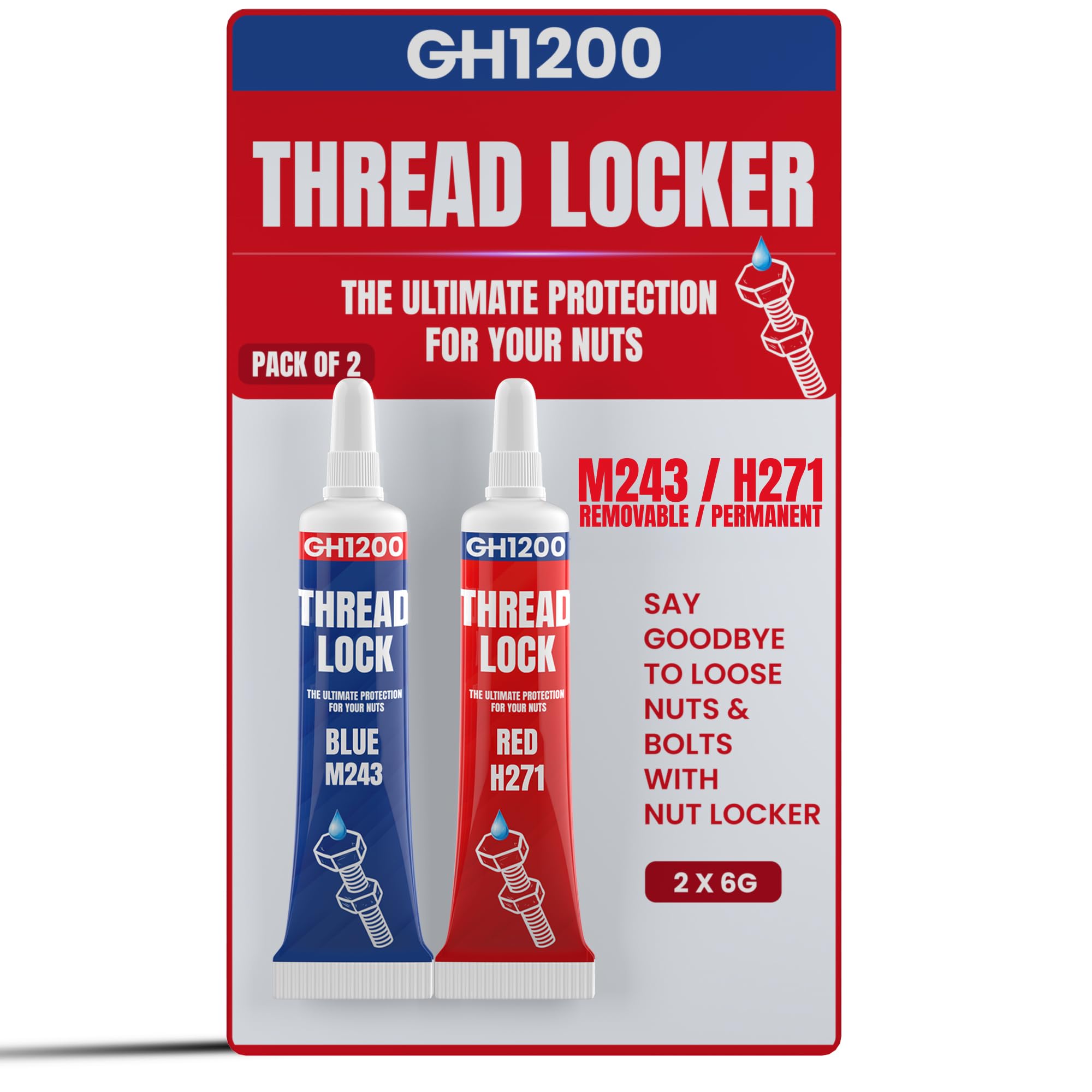 Gh1200-6Gx2 Pack Thread Lock Medium And Strong Strength For Nuts, Bolts, And Metals, Threadlocker Lock Tight & Seal Fasteners Wi