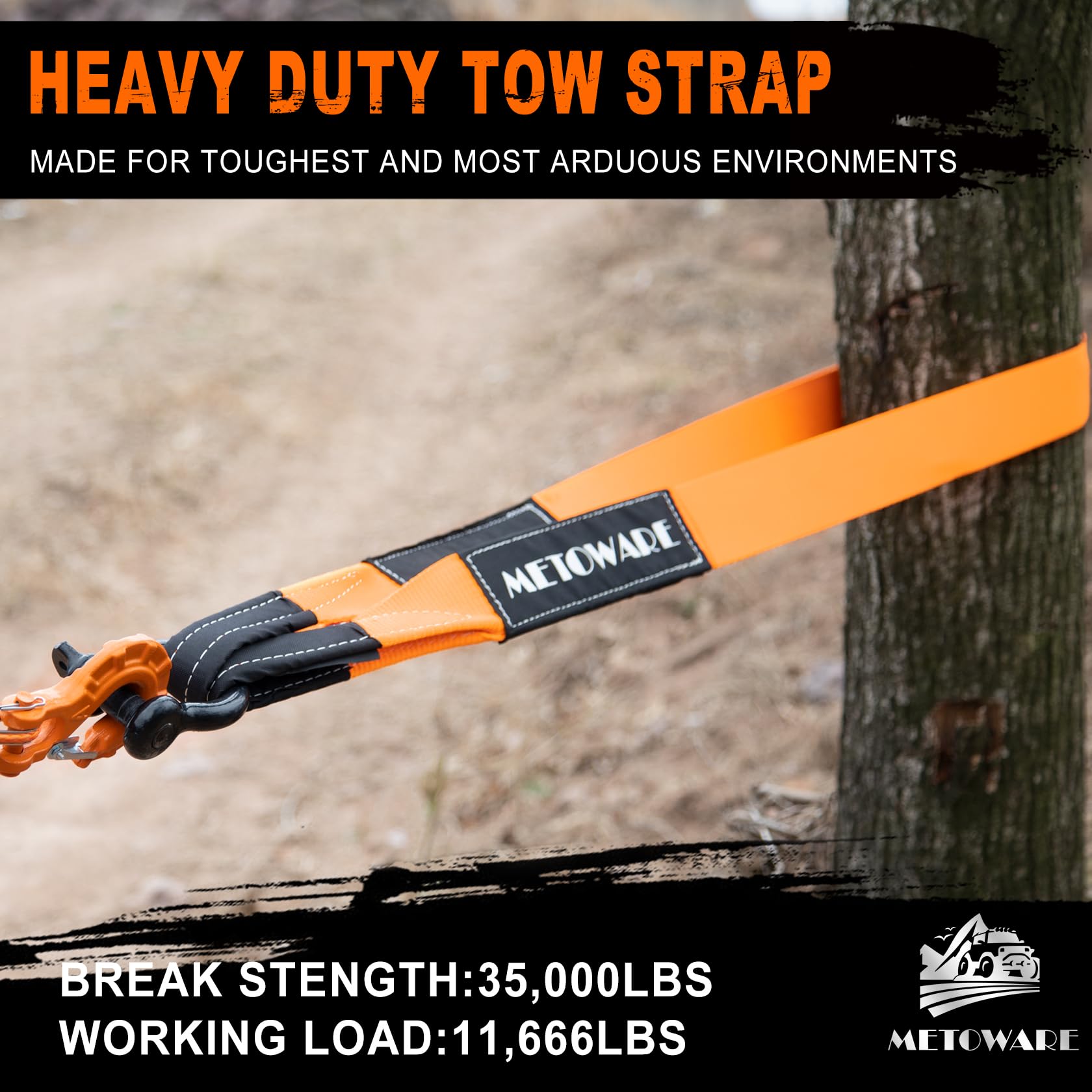 Metoware Tree Saver Tow Strap 3''    8Ft Recovery Strap, Heavy Duty Tow Straps With 35,000 Lb Capacity, Triple Reinforced Loop S