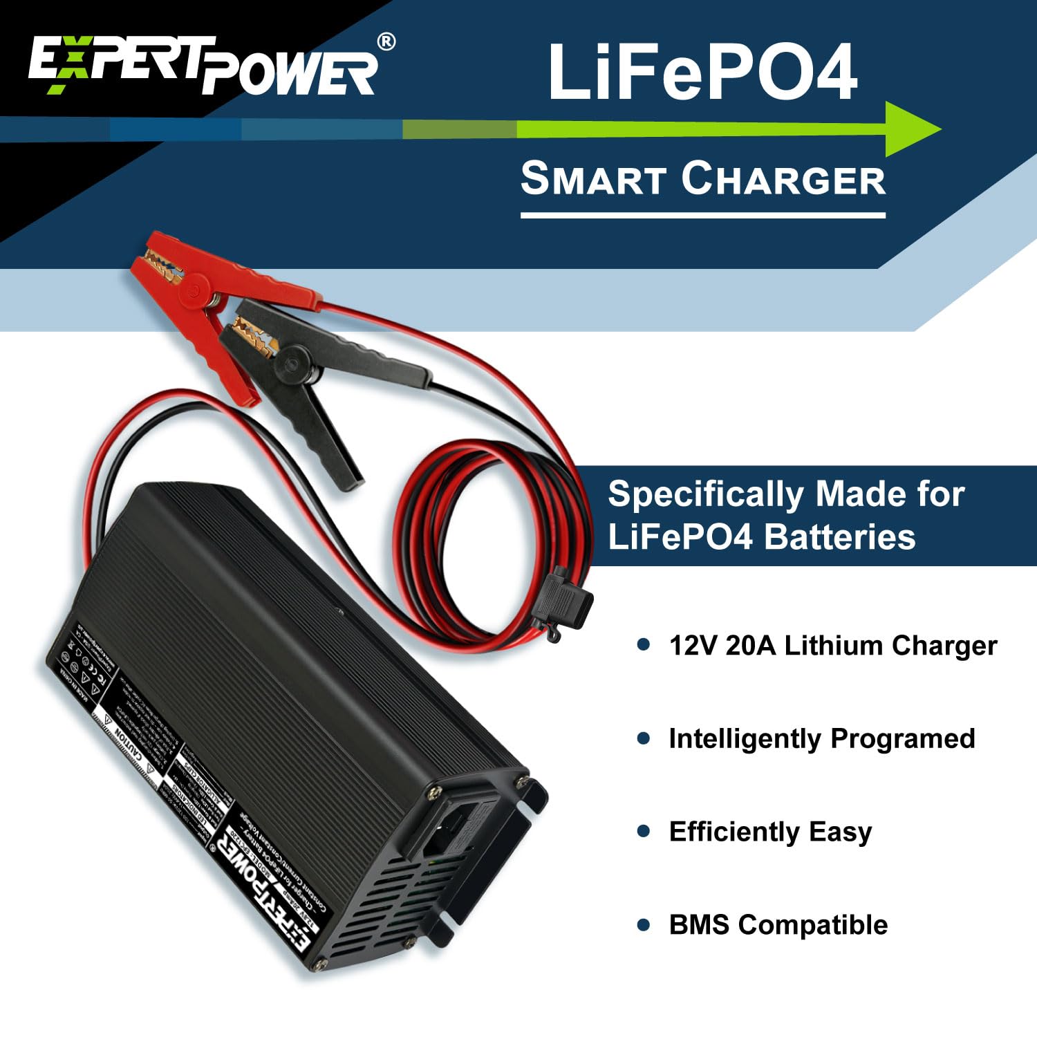 Expertpower 12V 20A Smart Charger For Lithium Lifepo4 Deep Cycle Rechargeable Batteries