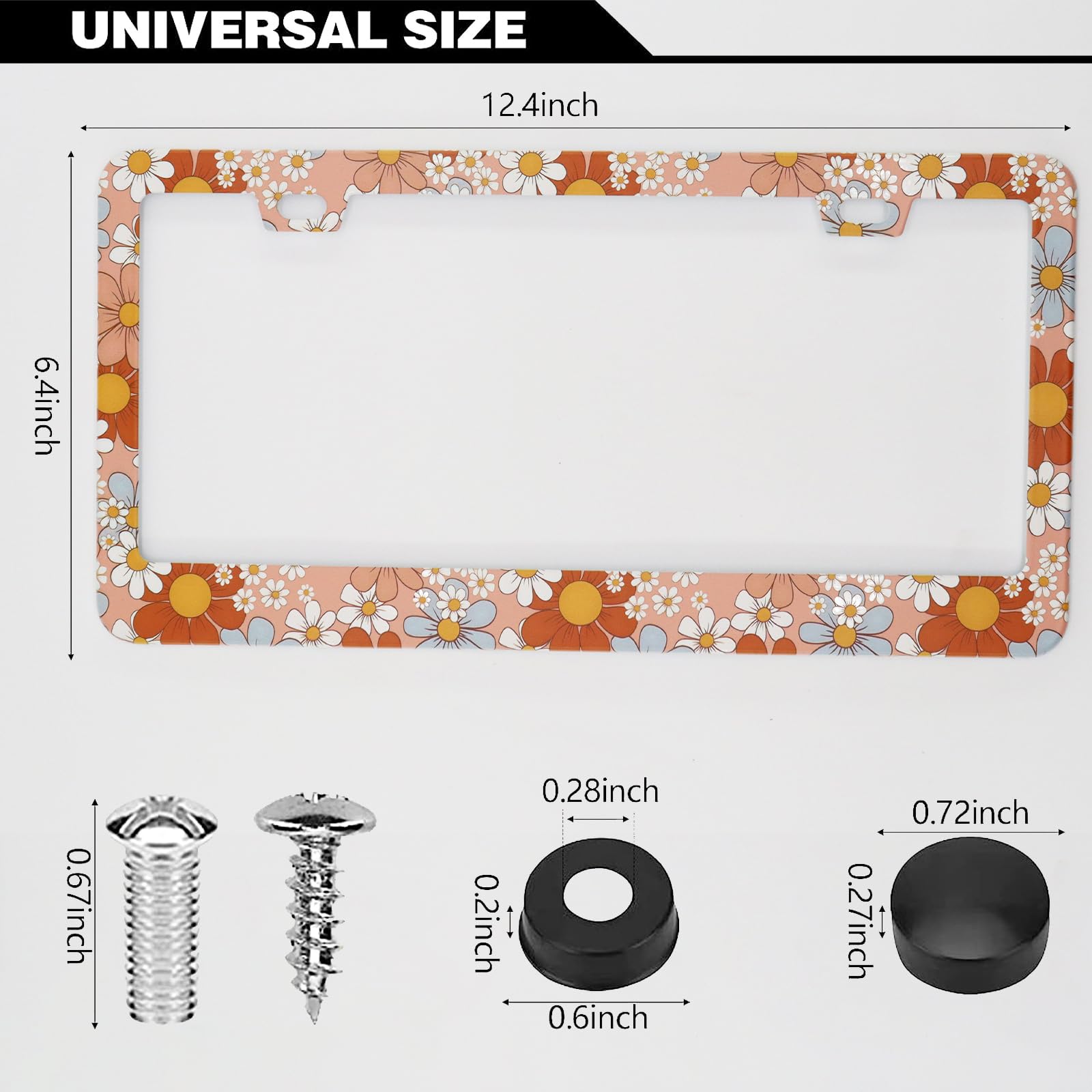 Retro Floral Daisy License Plate Frames Pink, 2 Pack Colorful Flowers Car Plate Frame, Stainless Steel License Plate Holders Cov