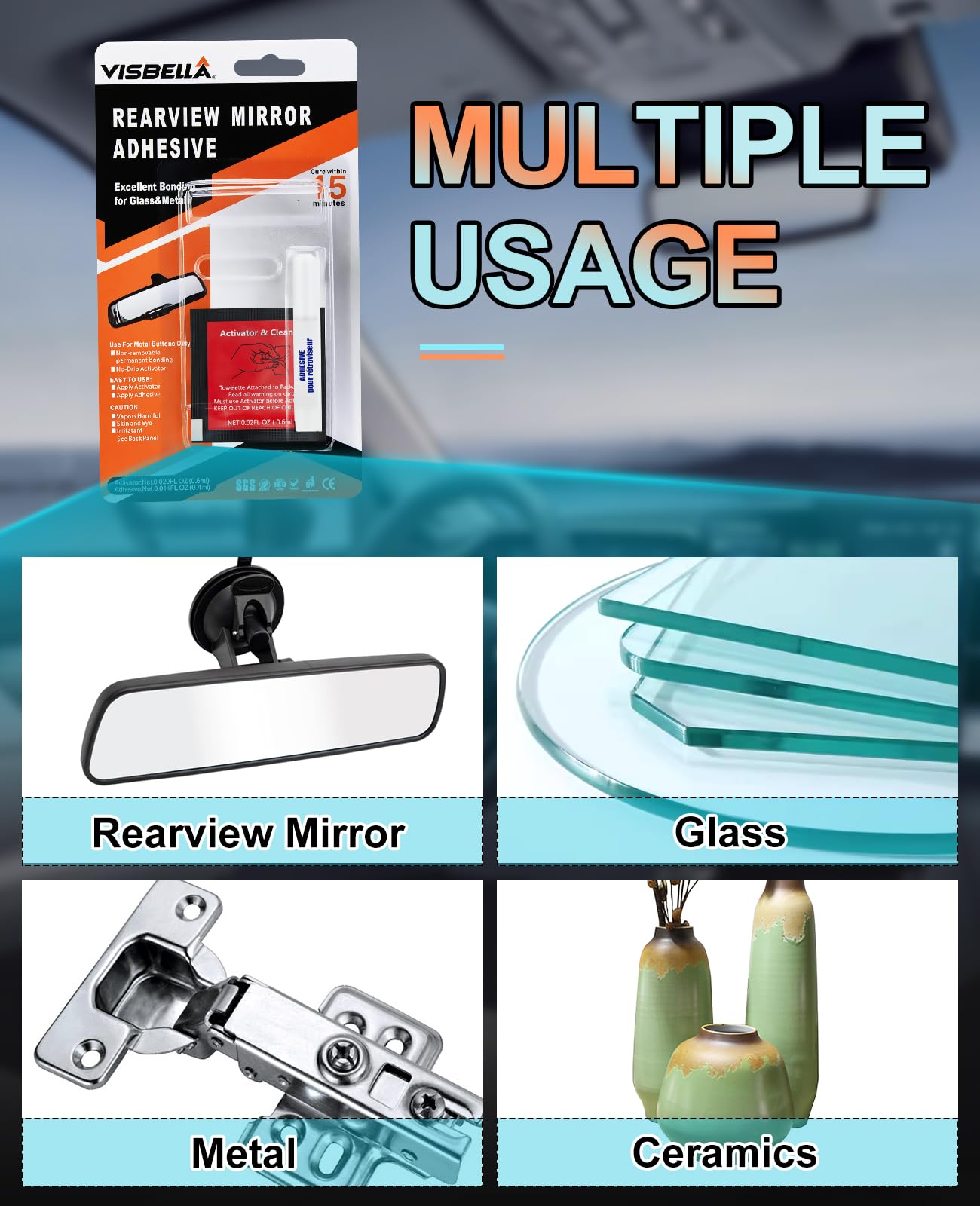 Visbella Rearview Mirror Adhesive Repair Kit Rear View Mirror Glue For Windshield Excellent Bonding For Glass & Metal