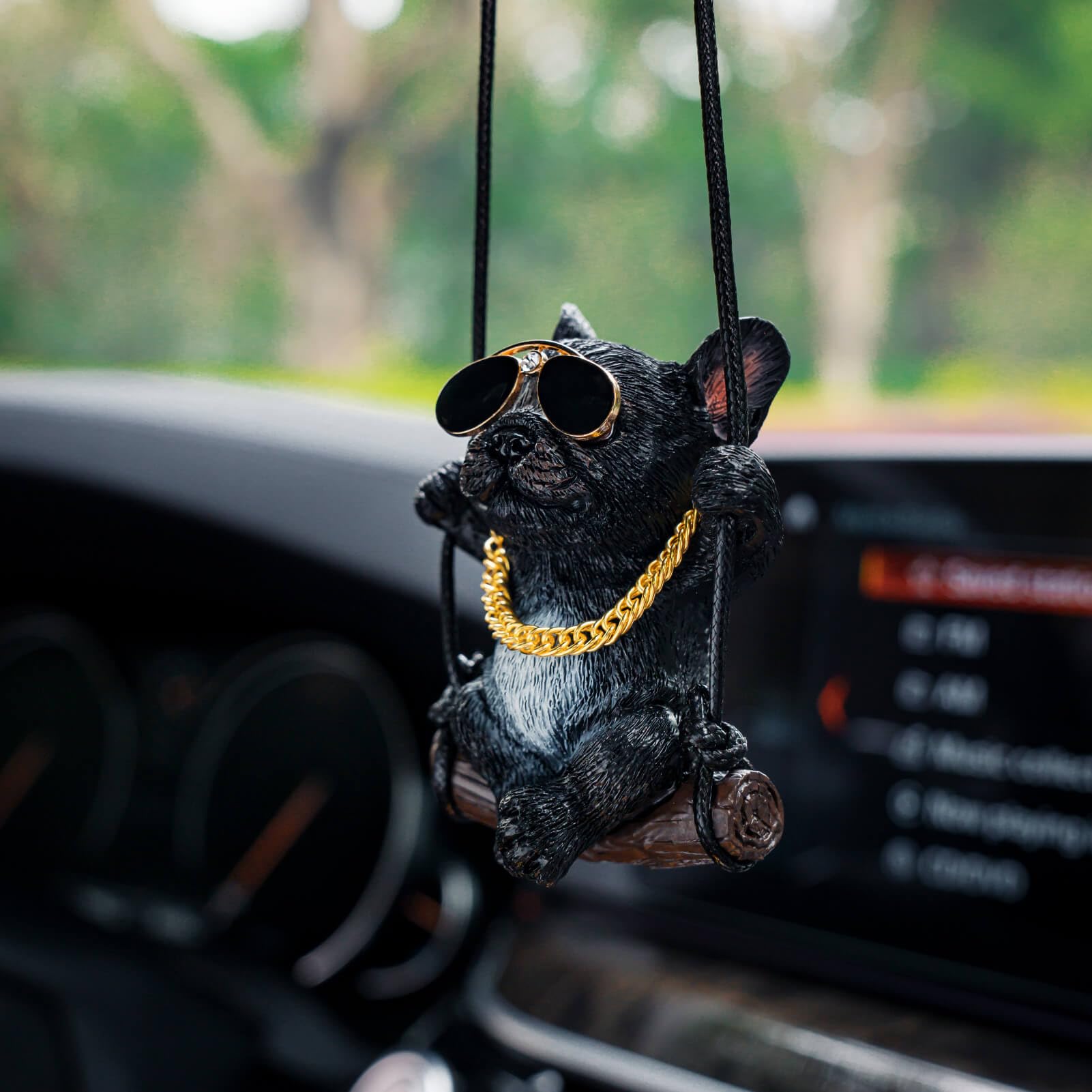 Floruit French Bulldog Car Mirror Hanging Accessories Cute Swinging Dog Rear View Mirror Accessories For Men & Women (Black)