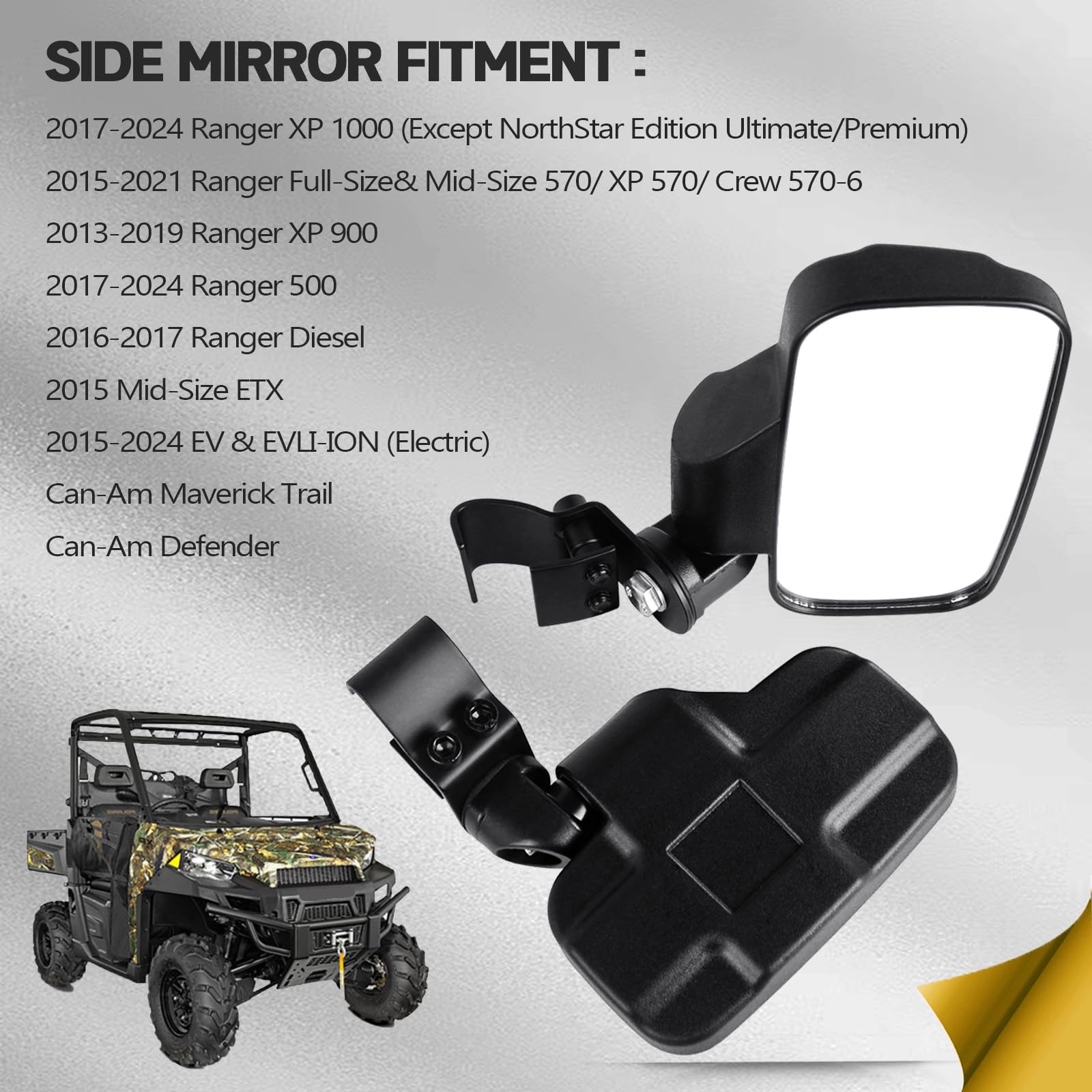 Unigt Utv Rear Side View Mirrors Compatible With 2015+ Polaris Ranger 570 900 Xp 1000/Can-Am Defender Pro-Fit Cage Breakaway Sid