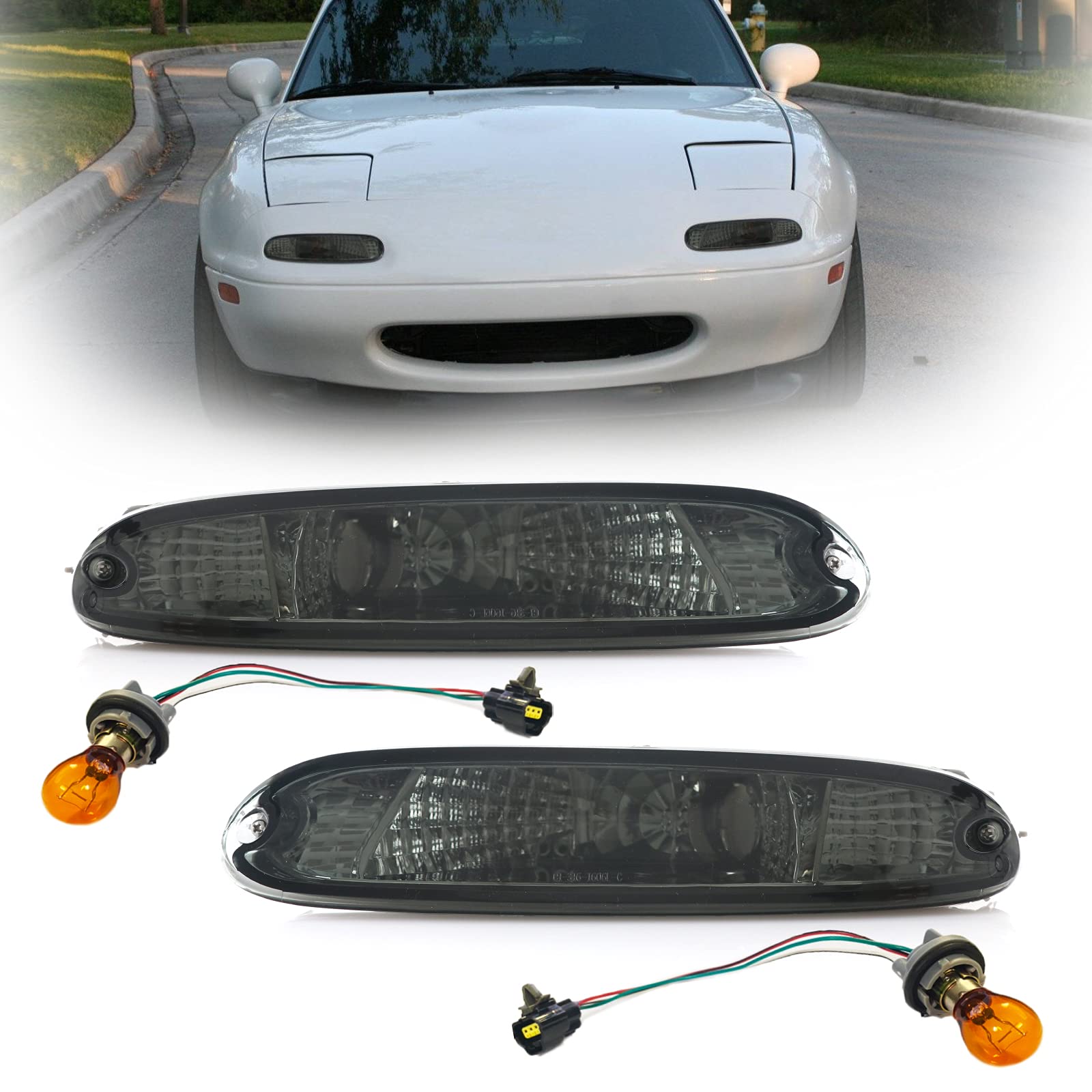 Usr Depo 90-97 Mx-5 Signal Lights - Jdm Crystal Style Front Bumper Turn Signal Lamps Set (Left + Right) Compatible With 1990-1997 Mazda Mx5 Mk1 Miata (Jdm Crystal Style All Smoked Out Lens)