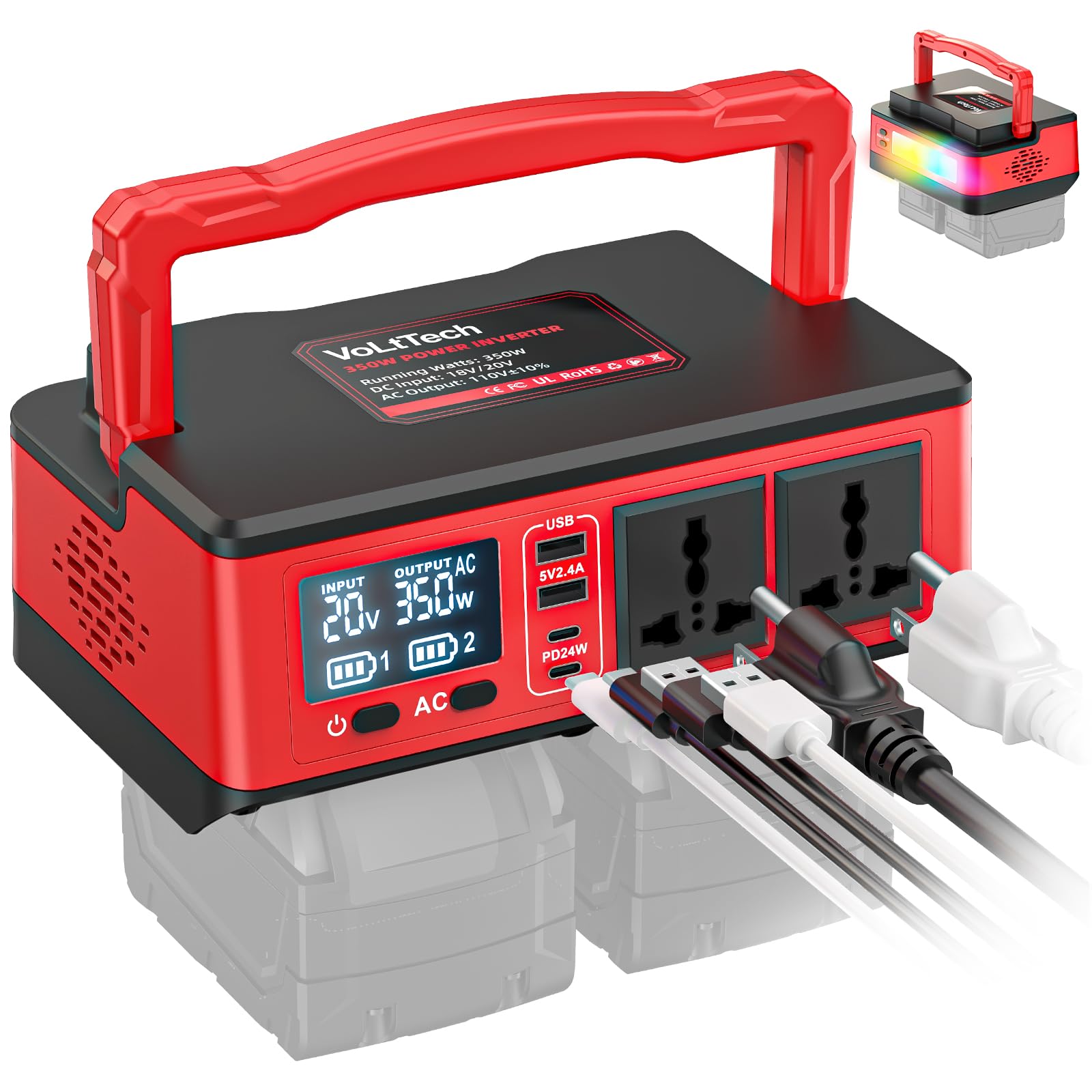 350W Power Inverter Compatible with Milwaukee: VoLtTech Portable Battery Adapter Phone Charger DC 18V to AC 110V Camping Essenti