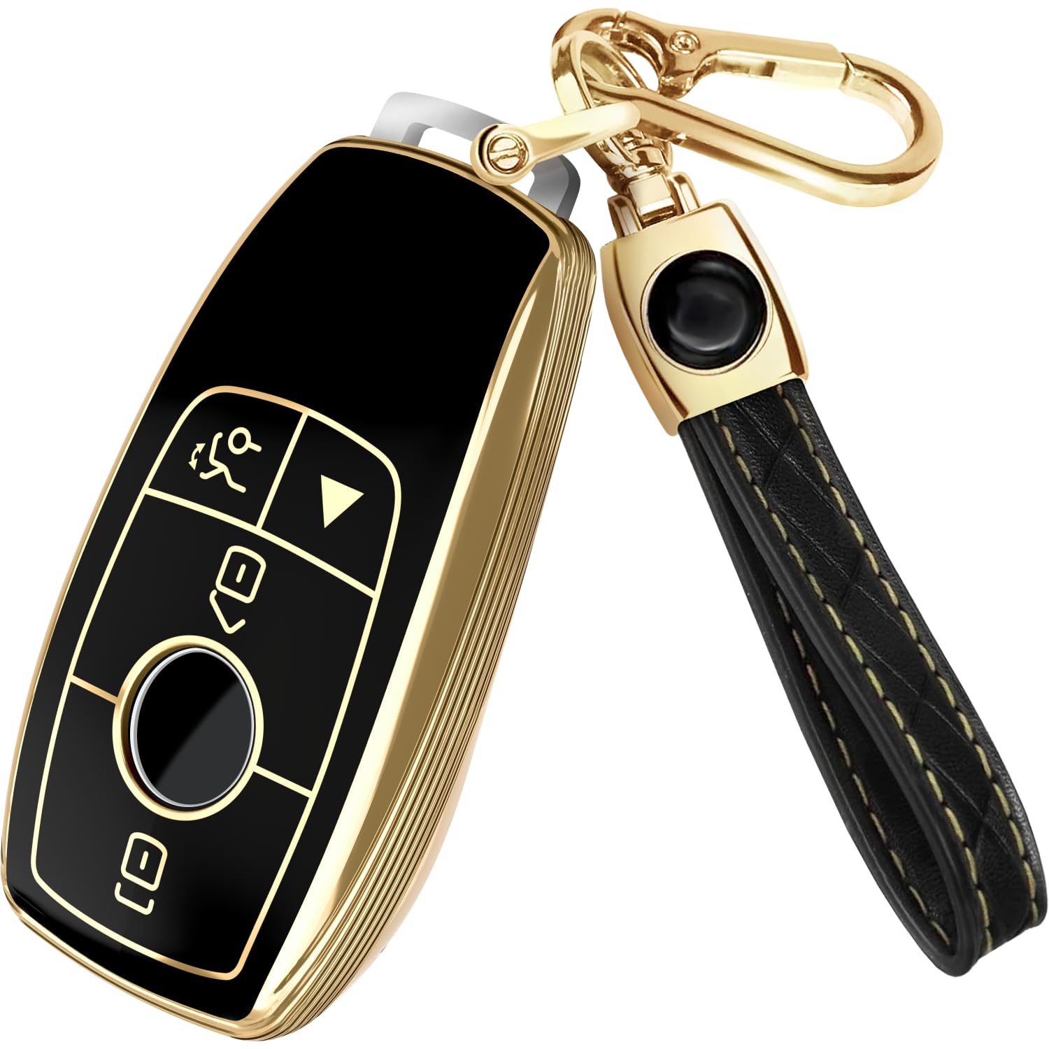 Lucrum Compatible with Mercedes Benz Key Fob Cover & Leather Keychain - TPU Keyfob Case for A C CLA CLS E G GLA GLE S-Class (201