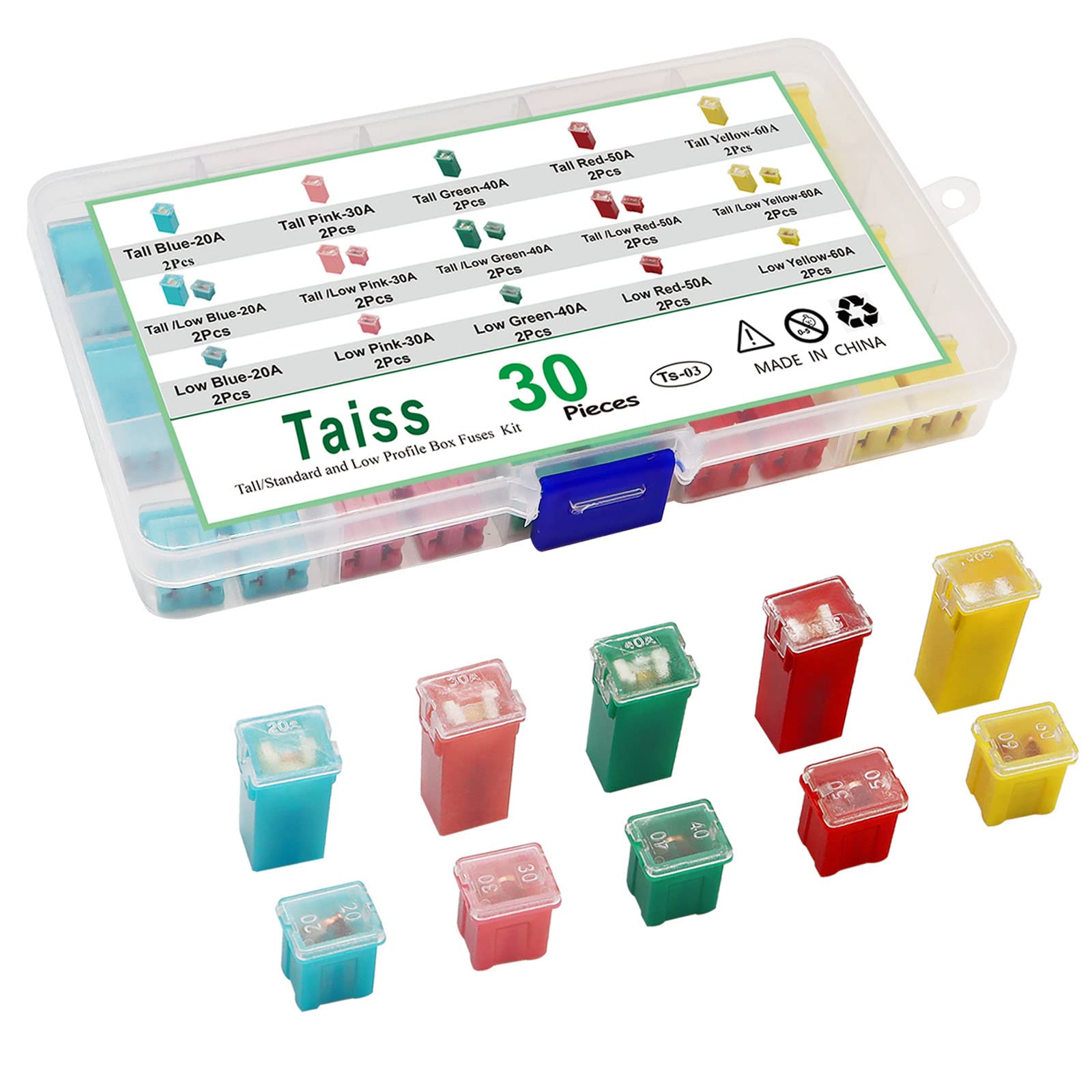 Taiss 30Pcs Automotive Tall/Standard And Low Profile Box Shaped Fuses Assortment Kit, Car Fuses(20A, 30A, 40A, 50A, 60A) Suitable For Chevrolet, Ford, Nissan Pickup Suv And Other Car Fuses