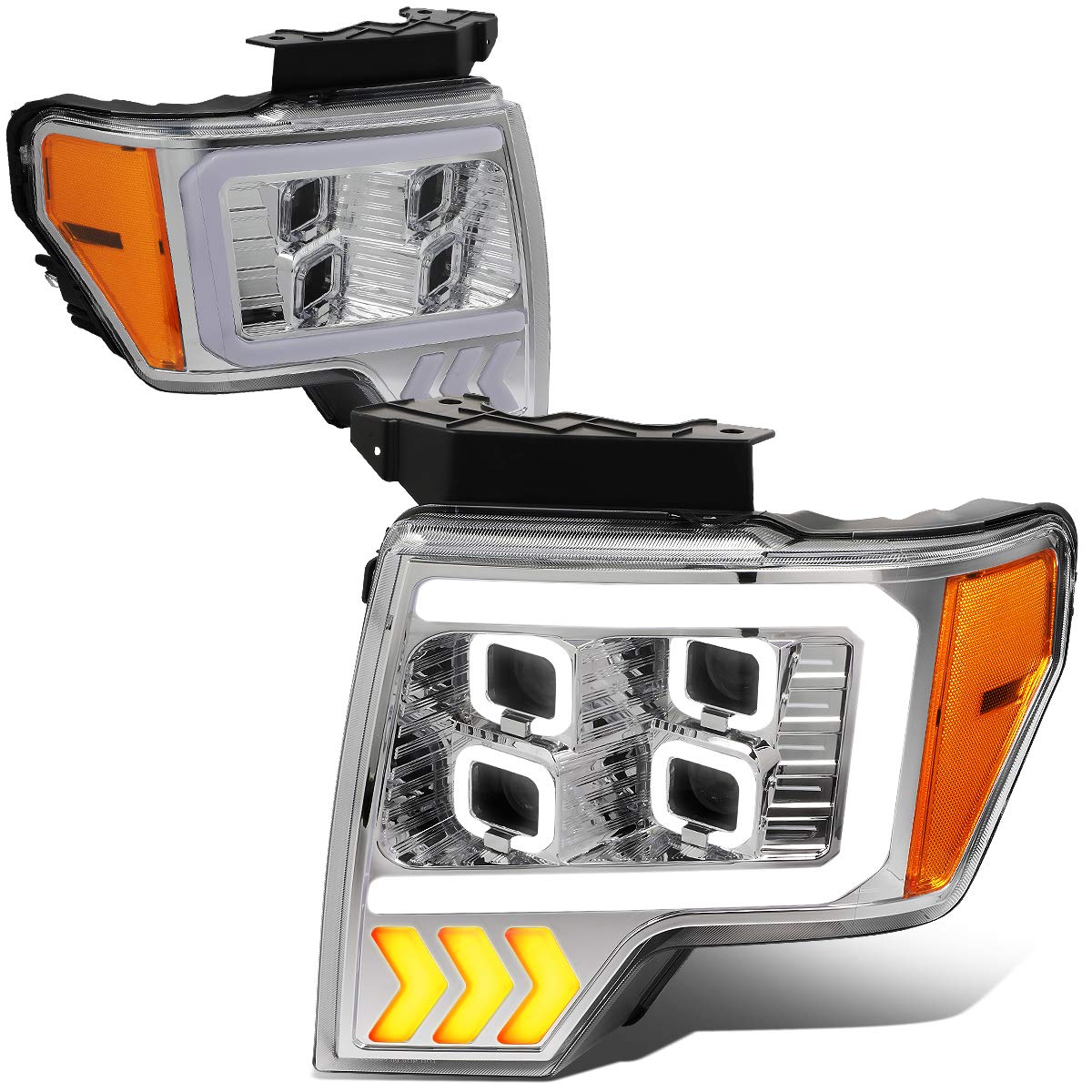 Dna Motoring Hl-Lb-T8-F15009-Ch-Am Pair Auto Update Led Effect Drl Quad Projector Headlight Replacement For 09-14 F150, Chrome/A