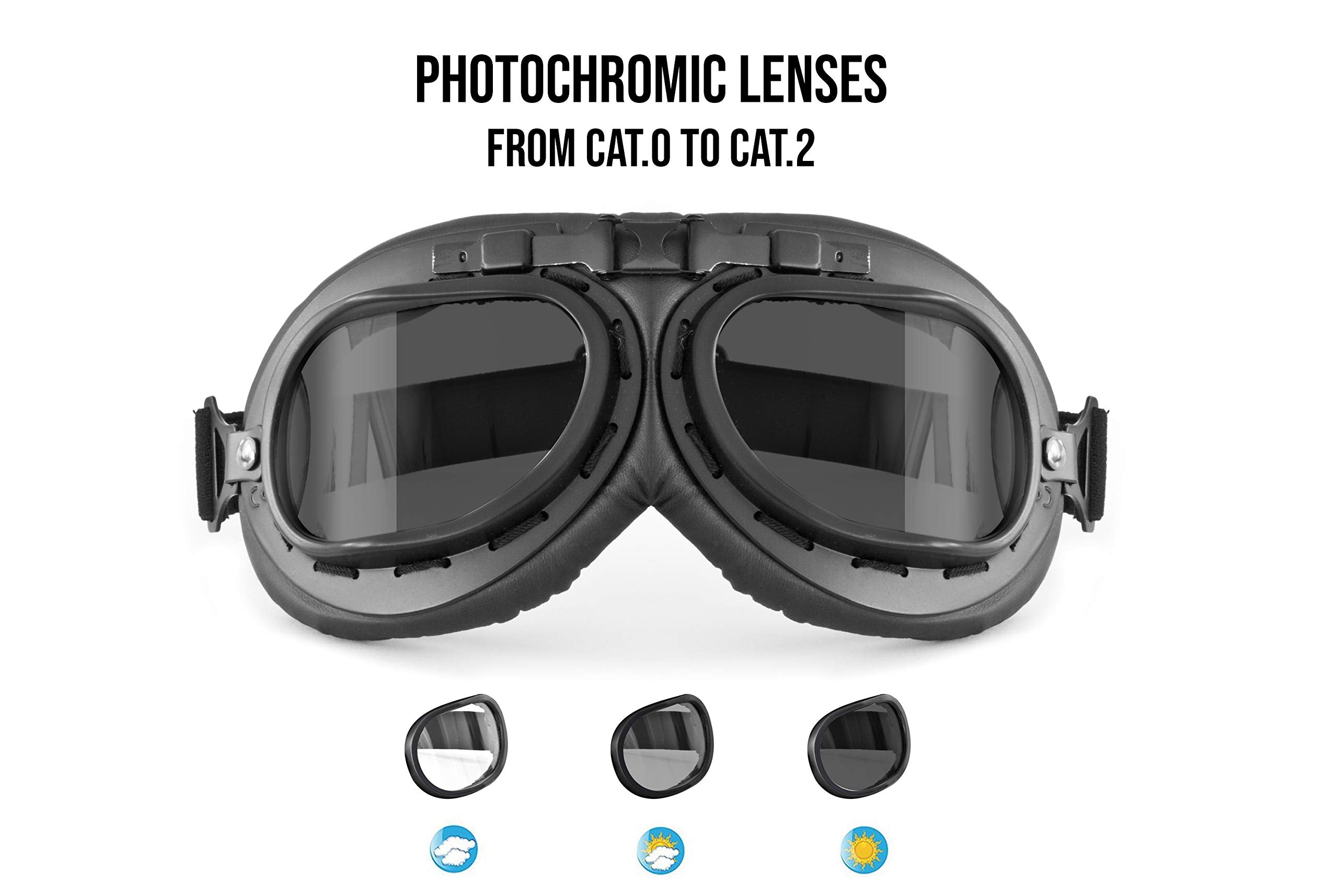 Bertoni Vintage Aviator Motorcycle Goggles Matt Black Anticrash Photochromic Lenses - F195Ph Pilot Over Helmets Glasses