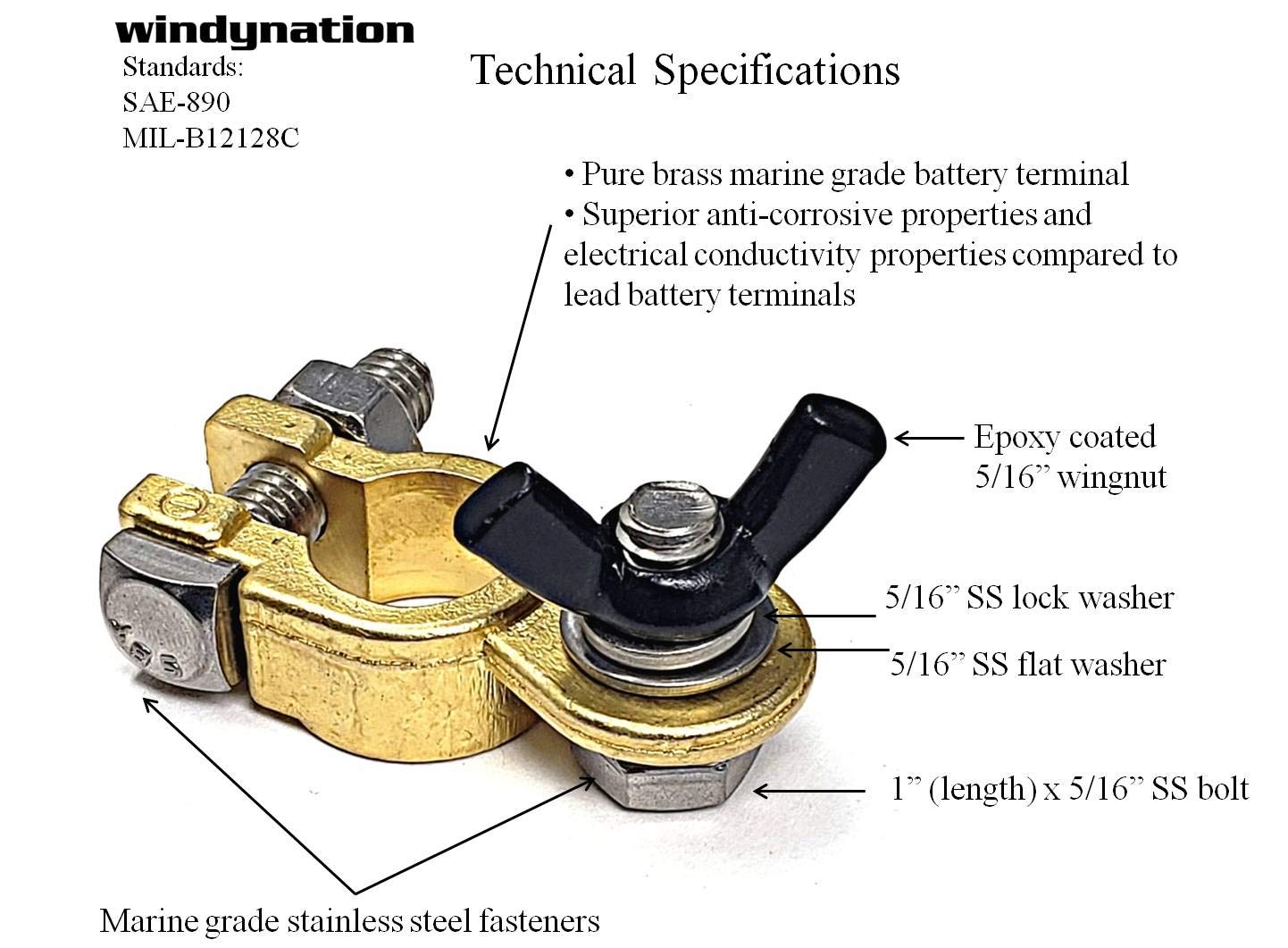 Windynation 1 Pair Brass Marine Grade Battery Terminal Top Post For Boat Car Rv (Military Spec. B-12128C)