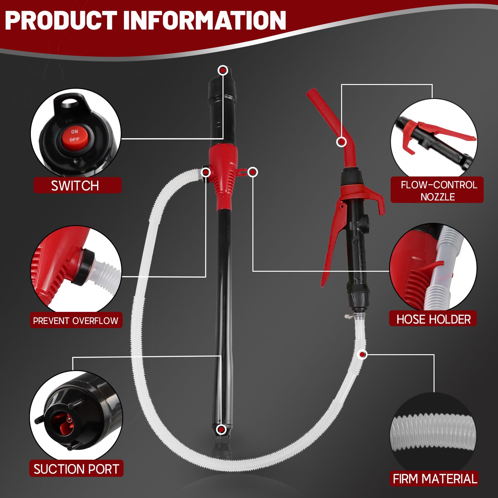 FUELIO Gas Transfer Pump Battery Powered - Fuel Transfer Pump with Nozzle - Battery Operated Gas Pump With 3 FT Long Hose 2.2 GP