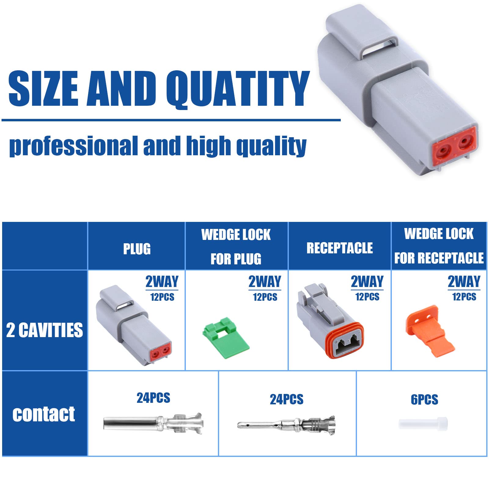 102Pcs 2 Pin Way Deutsch Dt Gray Connector 12 Set,Size 16 Solid Contacts Waterproof Electrical Wire Connector With Seal Plug For Truck, Off-Road Vehicles, Marine, Motorcycle Wiring