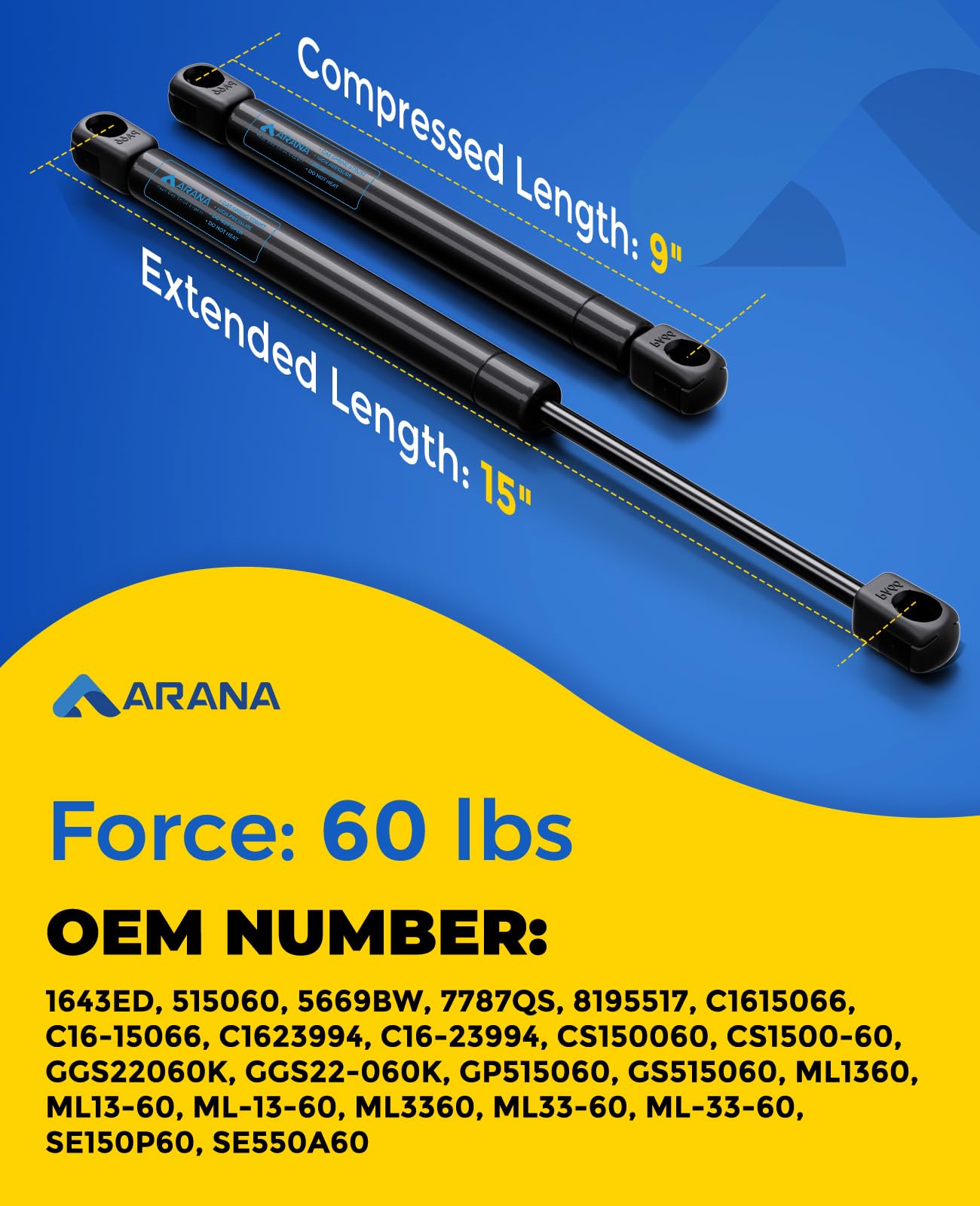 Arana Ml13-60 15 Inch Gas Struts 60Lb/267N, Sl13-60 15 Inch Gas Shock Spring Lift Support For Rv Door Camper Shell Truck Cap Top