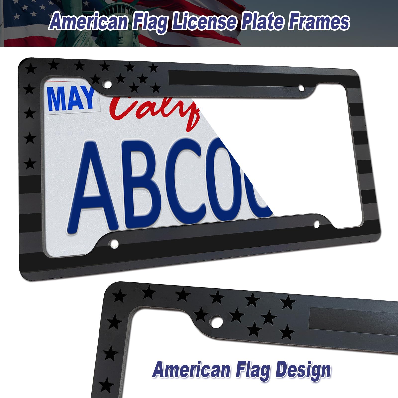 Bggtmo American Flag License Plate Frames- 2 Pack Black Grey Patriotic Usa Aluminum Car Tag Holder Cover For Front Rear, With Sc
