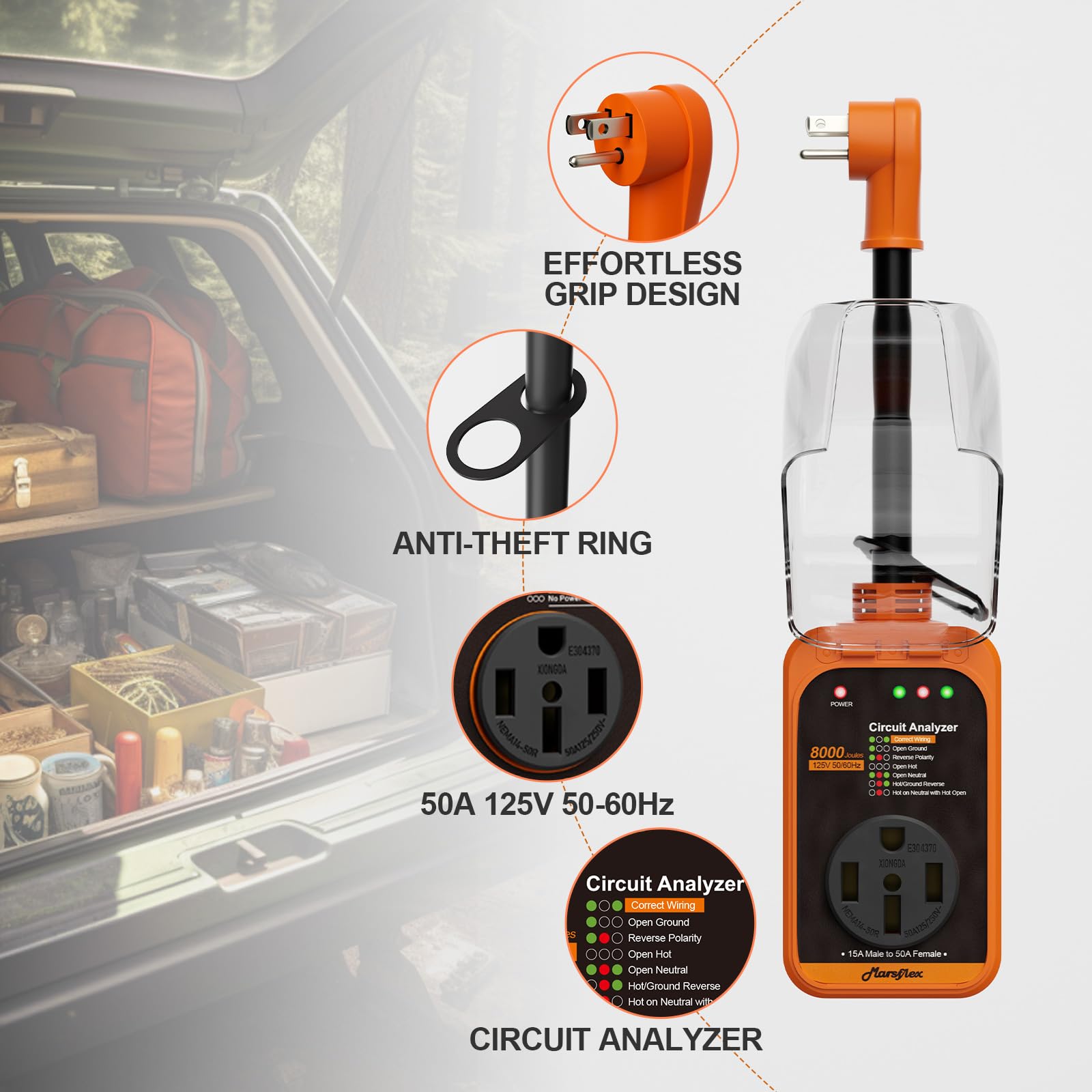 Marsflex Rv Surge Protector, 15 Amp To 50 Amp Rv Circuit Analyzer,8000 Joules Surge Protection With Waterproof Cover, 5-15P Male