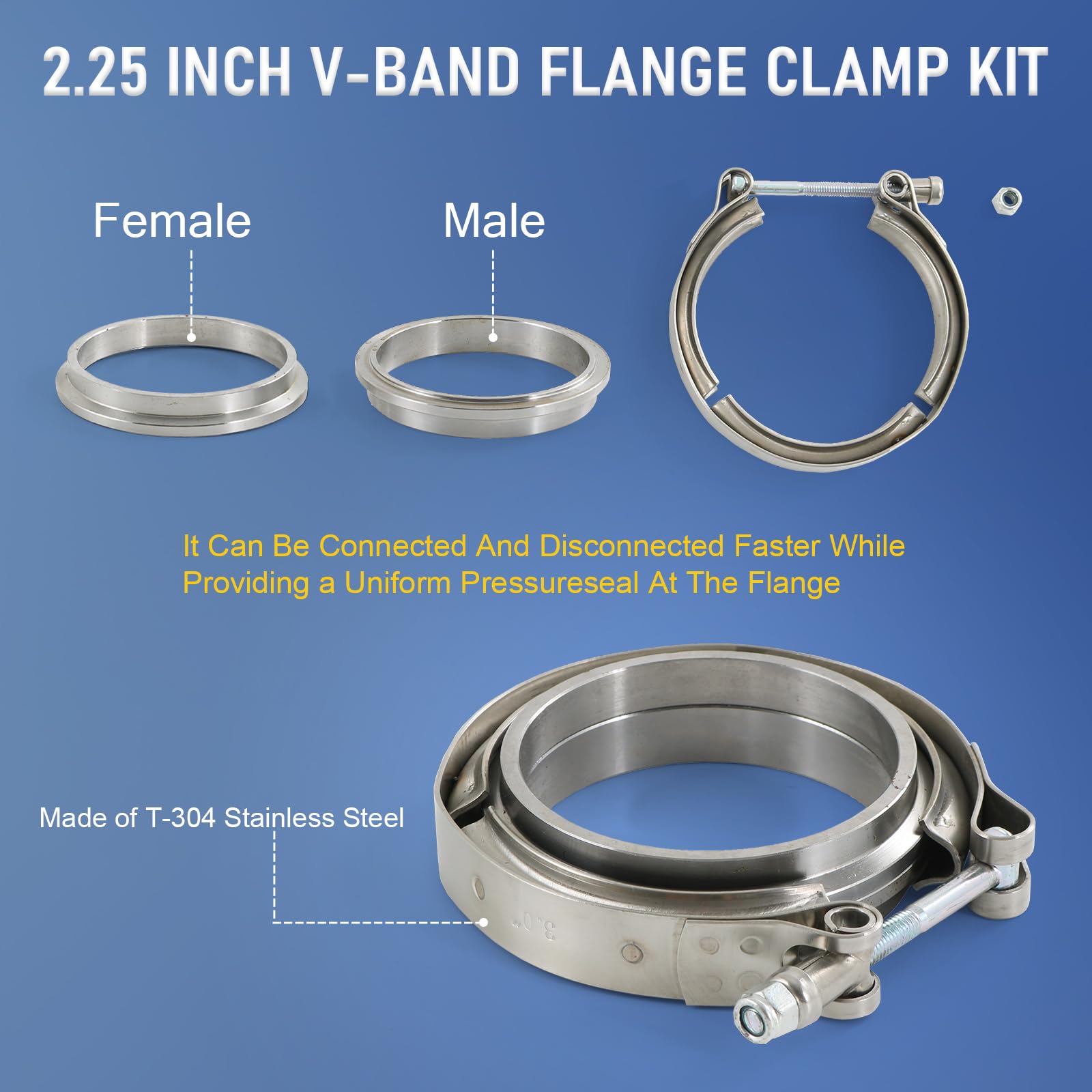 2.25'' V-Band Flange Clamp Kit With Ridge Stainless Steel Replacement For Exhaust Downpipe 2.25 Inch
