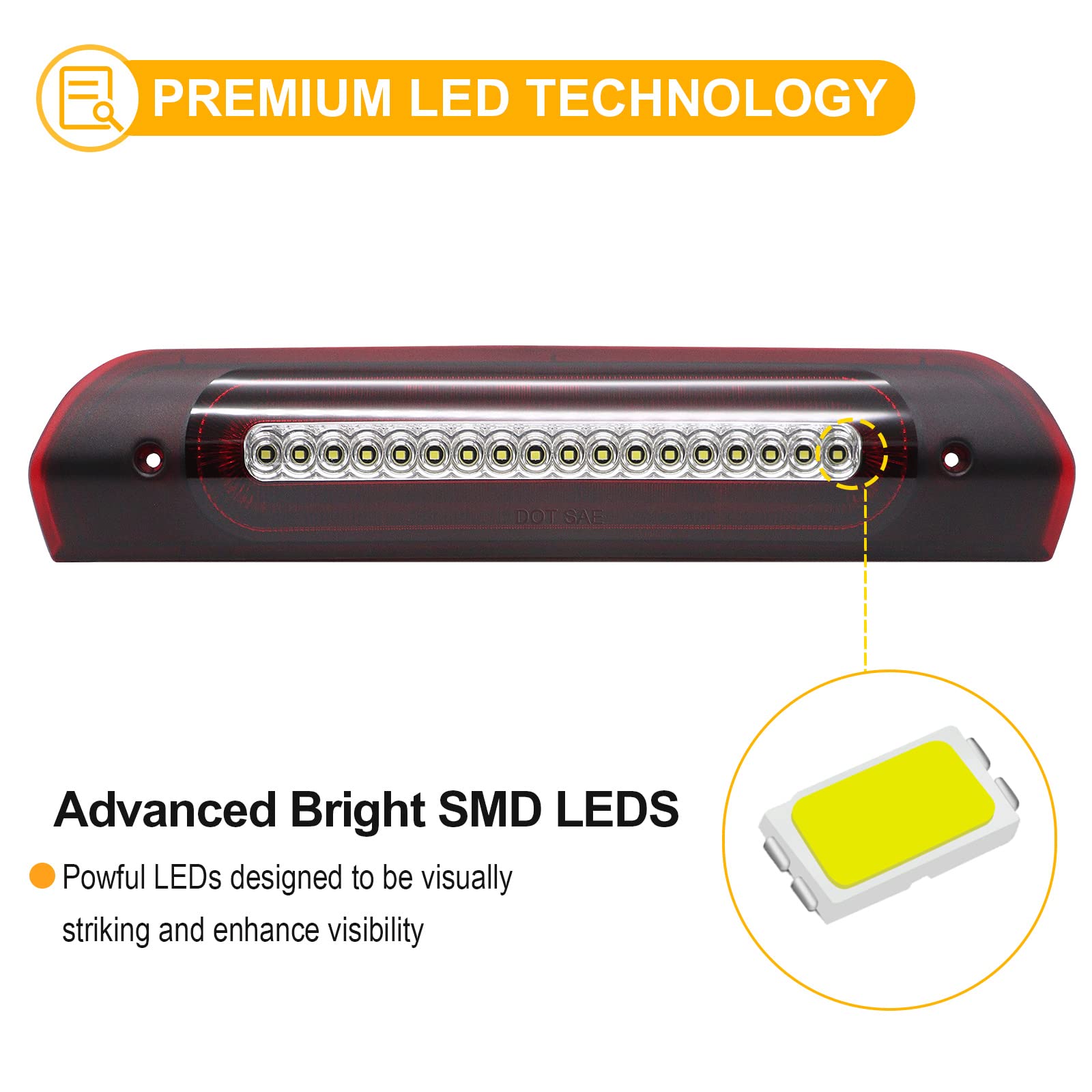 R&F Auto Led Strobe High Mount Brake Light Replacement For Ram 1500 2500 3500 (2002-2008), For Ram 2500 3500 (2009) Third Brake Lamp With Seal Foam Gaskets F1 Style Red Flash Red White Lens