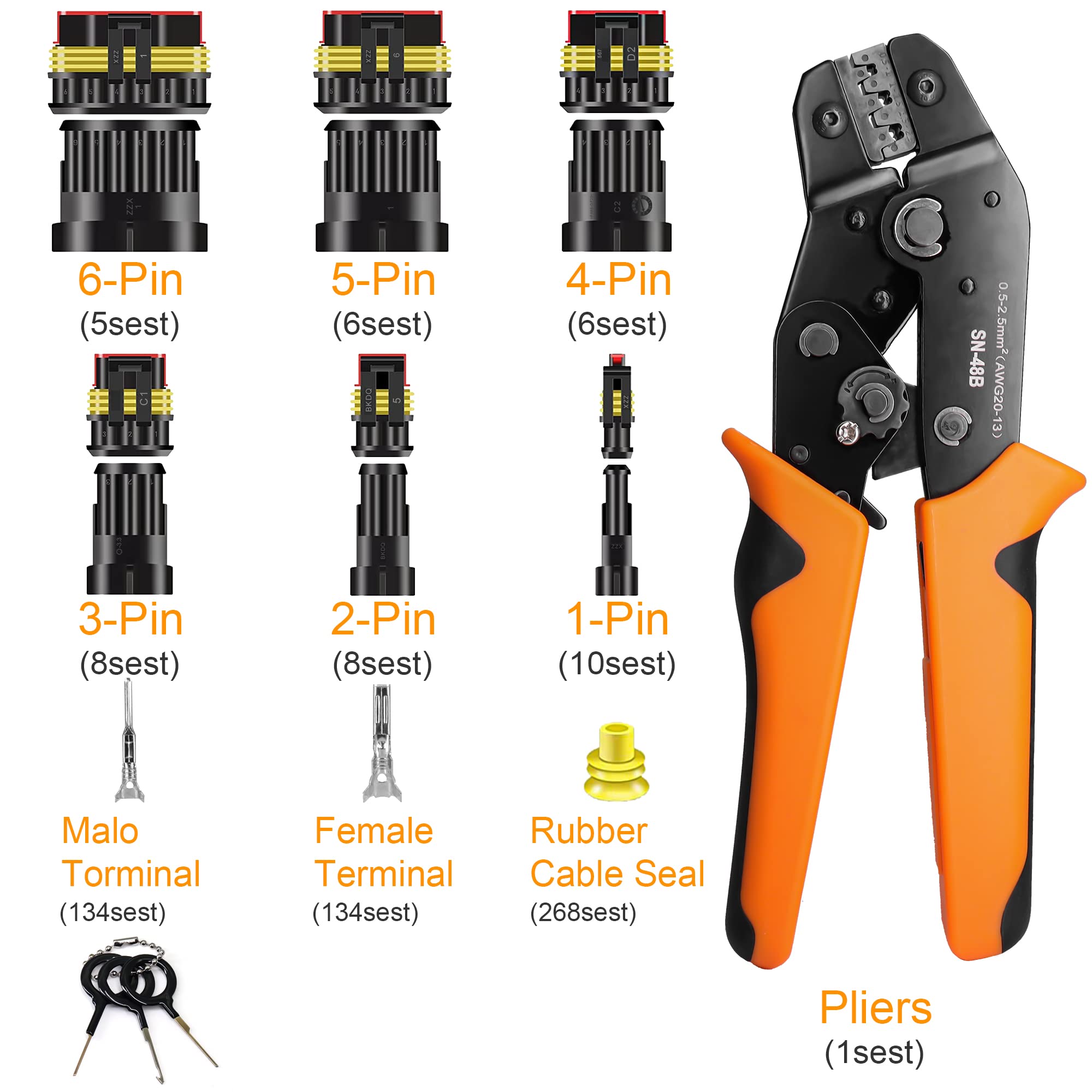 ANTOM 709PCS Water Proof Wire Connectors 43 Kits-1/2/3/4/5/6 Pin Automotive Electrical Connectors-with Ratcheting Wire Crimper-W
