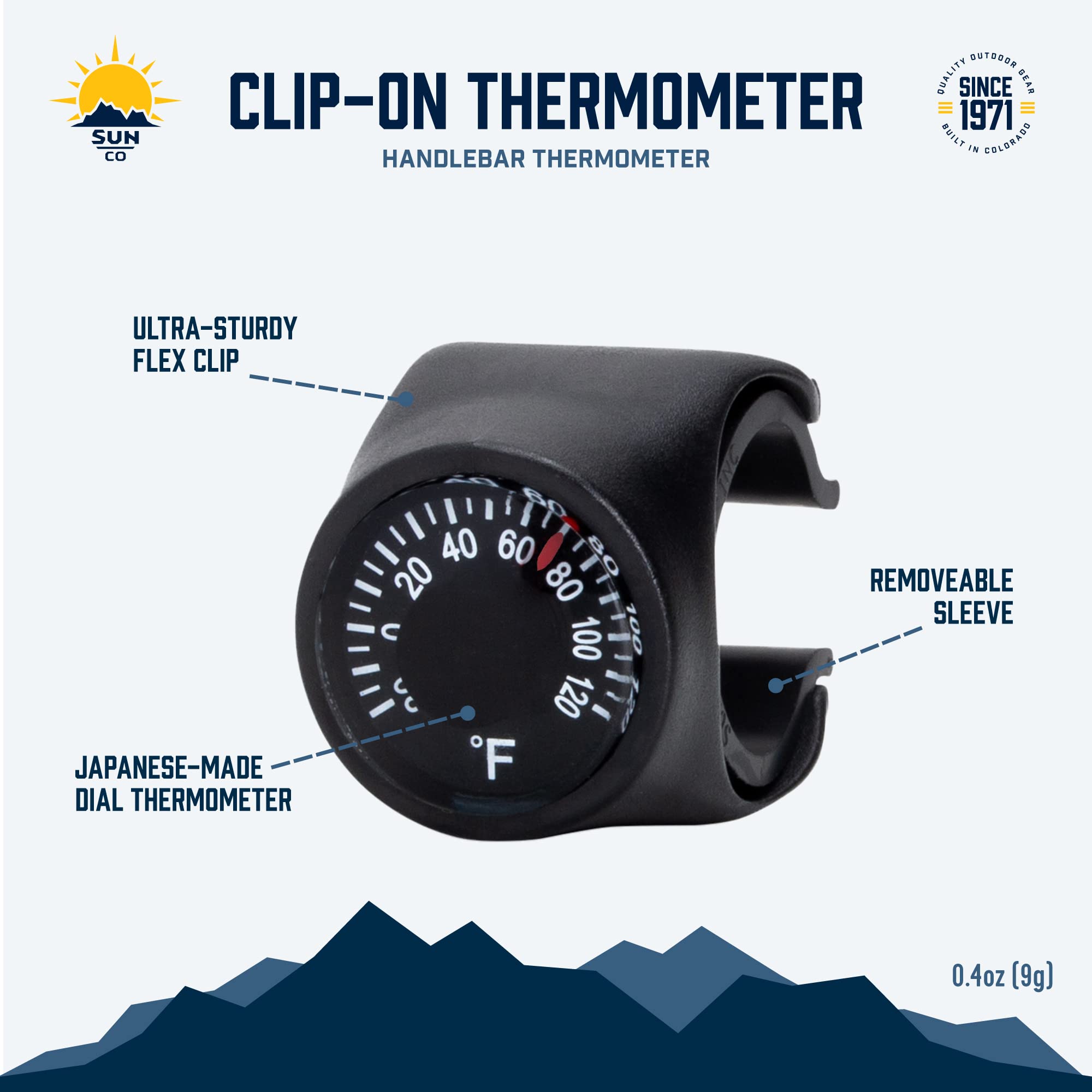 Sun Company Clip-on Bike Thermometer | Bicycle Handlebar Temperature Gauge and Cycling Accessory | Rugged Handle Bar Thermometer