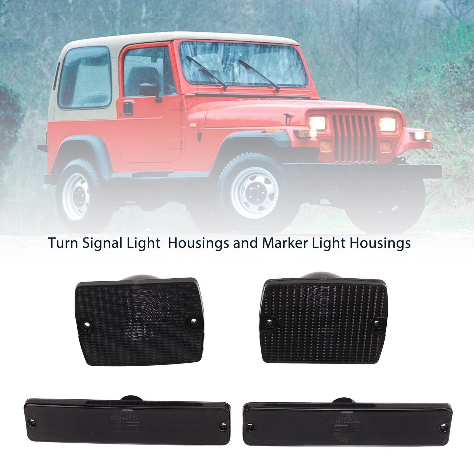 4Pc Side Marker Light And Turn Signal Light Housings 56001378 Turn Signal Sidemarker Lamps Replacement For Wrangler Yj (Smoky Bl