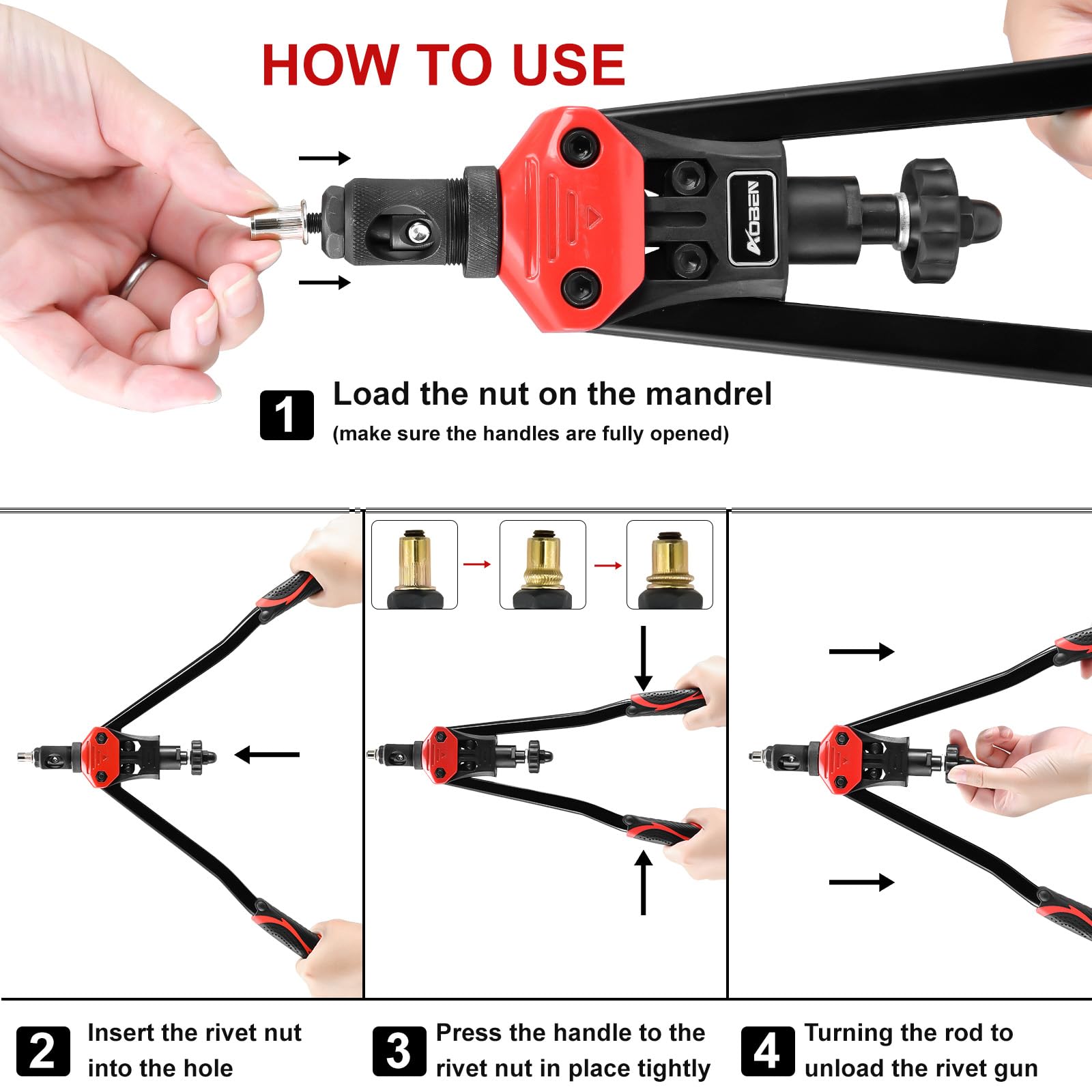 Aoben 16 Rivet Nut Tool, Professional Hand Rivet Nut Setter Kit With 12 Interchangeable Metric & Sae Mandrels, 145Pcs Rivnuts And Rugged Carrying Case
