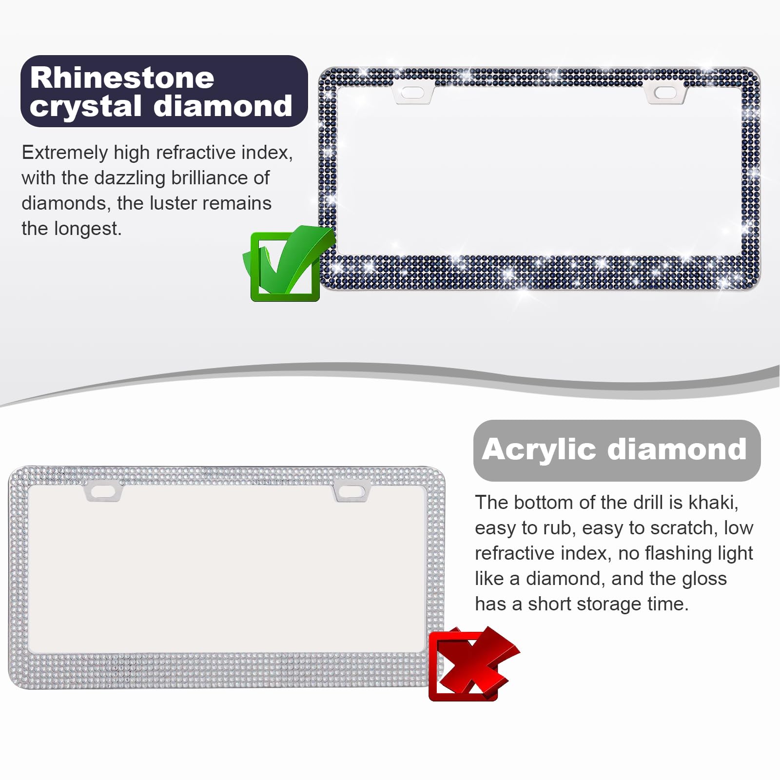 Quanqiufei 2 Pack Bling License Plate Frames For Women, Sparkly Rhinestone Diamond Car Accessories With Glitter Crystal Caps (Na