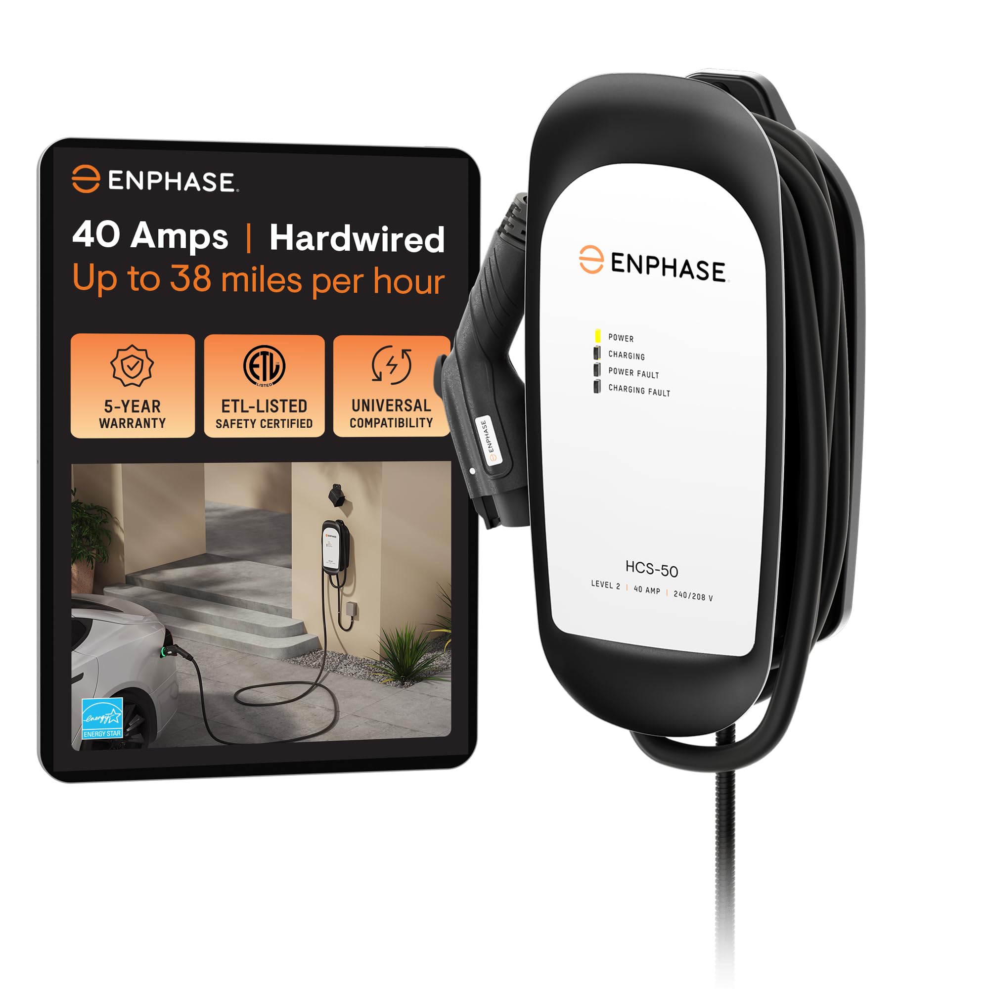 40 Amp Level 2 Ev Charger For Home, Enphase Hcs-50 (Formerly Clippercreek), Hardwired, 5-Year Warranty, 25 Ft Cable, J1772 Conne