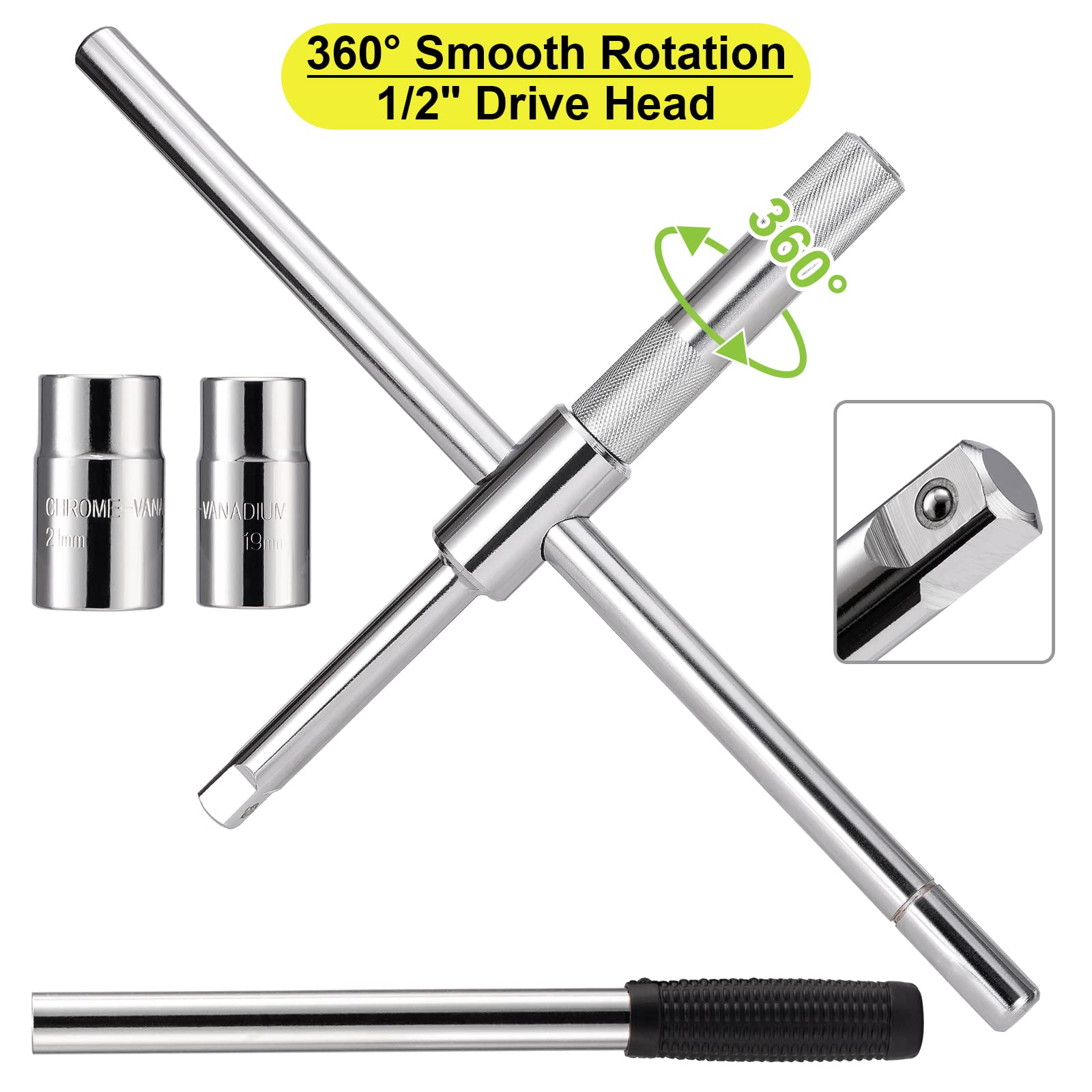 Spurtar Extended Lug Wrench Lug Nut Wrench, 4 Way Lug Wrench Tire Iron Lug Wrench, Lug Nut Remover 1/2 Drive With 17/19Mm And 21