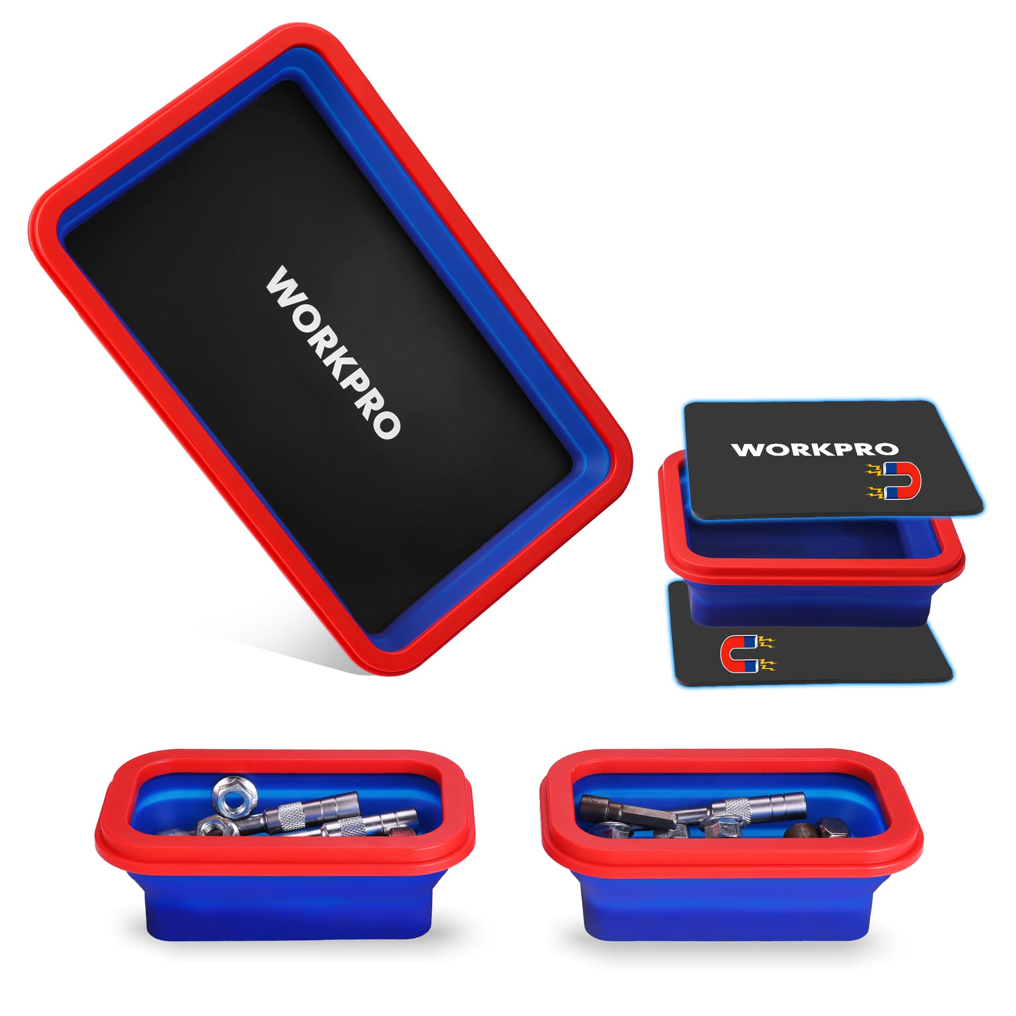 WORKPRO 4PC Collapsible Magnetic Parts Tray Set, Double-Sided Magnet Bowl for Screws, Nuts, Pins, Foldable Bolt Tray for Garage,