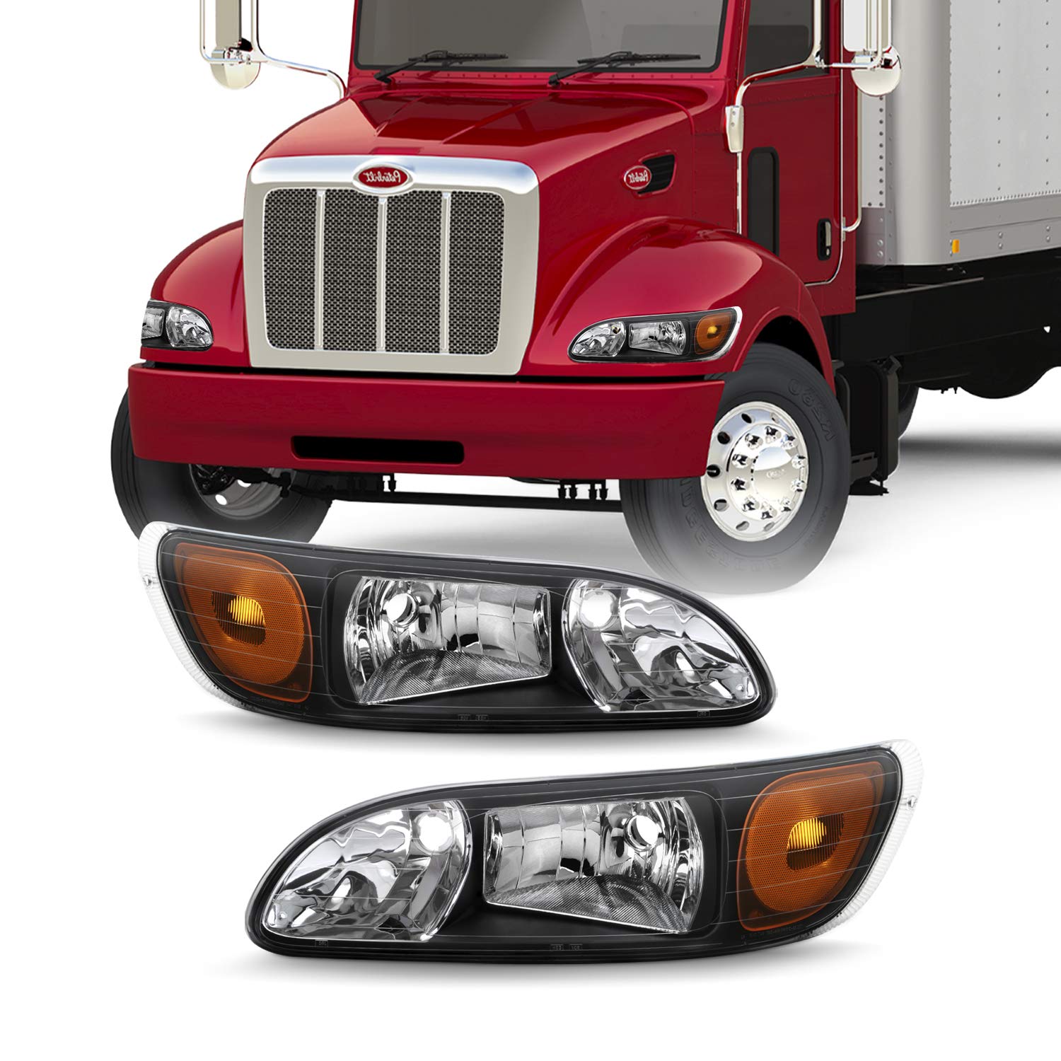 Akkon - For 2005-2015 Peterbilt Class 8 Trucks 325 384 386 330 335 337 340 348 382 Oe Black Housing Headlights